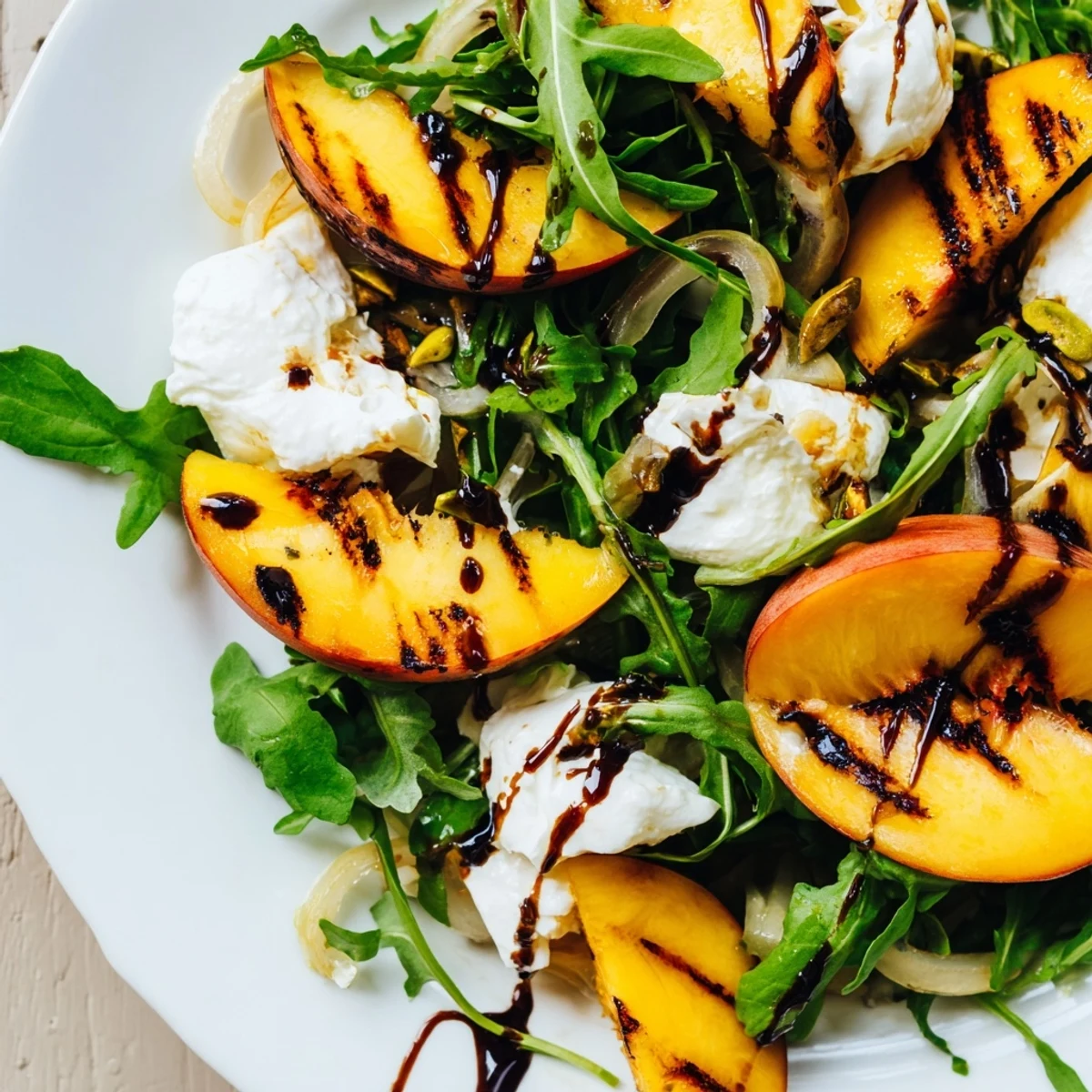 Grilled Peach Salad with charred peaches, arugula, and creamy burrata glistening with balsamic glaze.