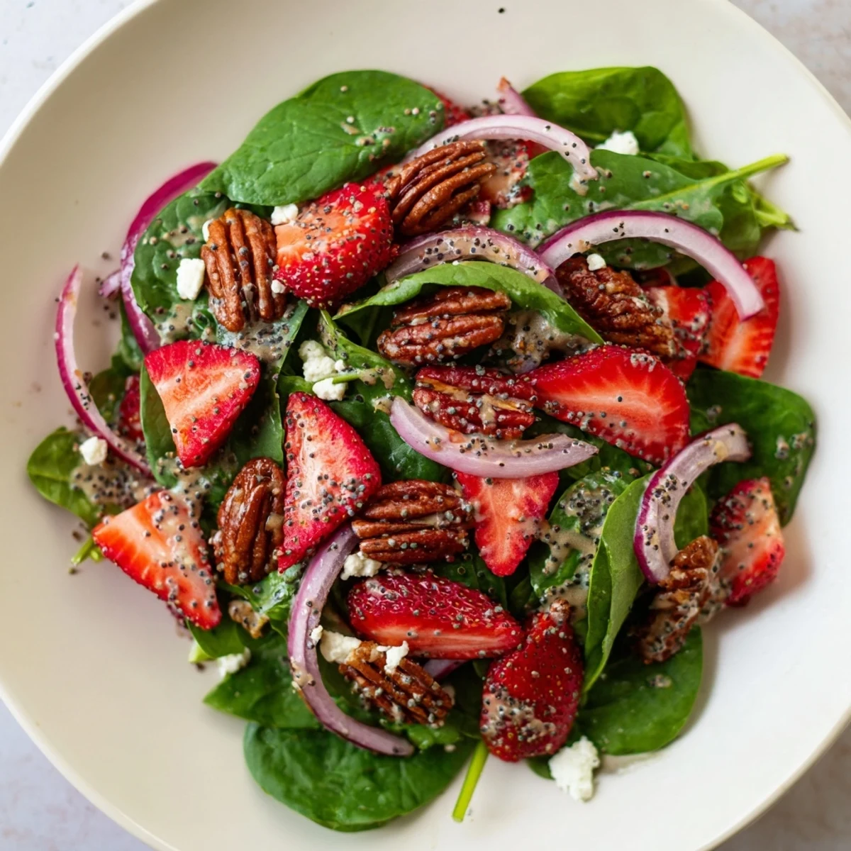 Vibrant Strawberry Spinach Salad with sweet strawberries, candied pecans, and creamy poppy seed dressing.
