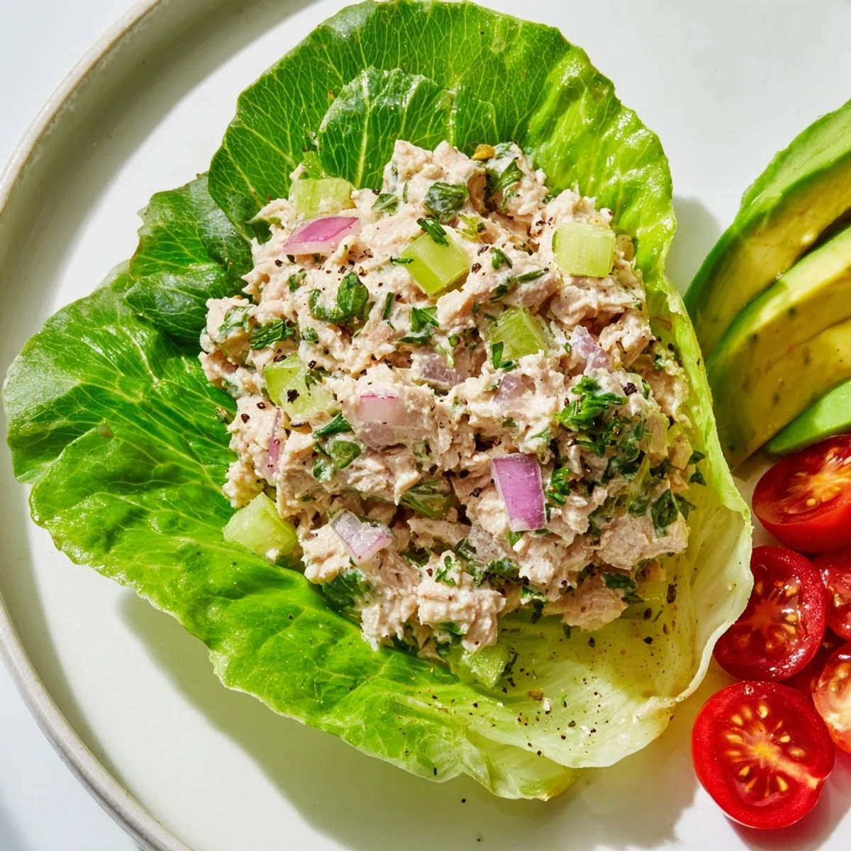 Fresh butter lettuce holds a scoop of delicious tuna salad, perfect for gluten-free Tuna Salad Lettuce Wraps.