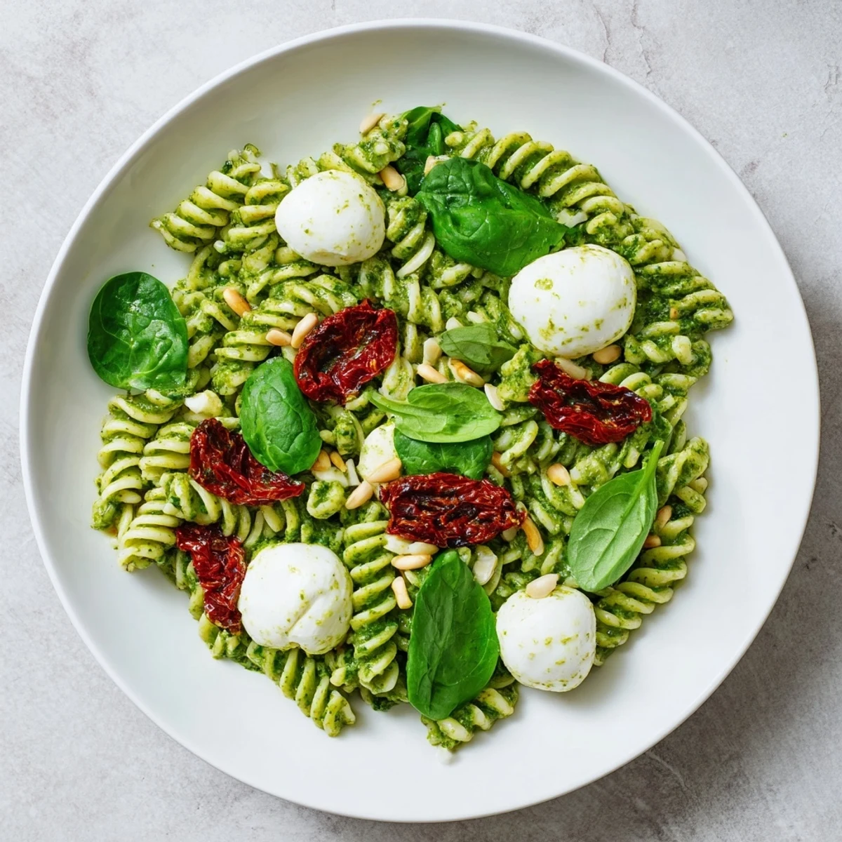 Bright, summery pesto pasta salad with fresh basil, mozzarella, and toasted pine nuts is ready to serve.