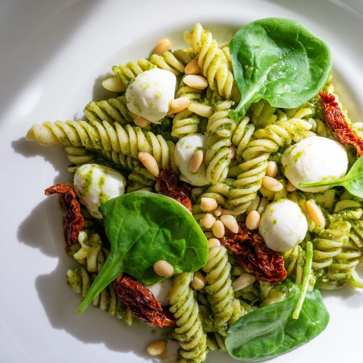 A close-up of pesto pasta salad showcases creamy mozzarella, red sun-dried tomatoes, and basil pesto.