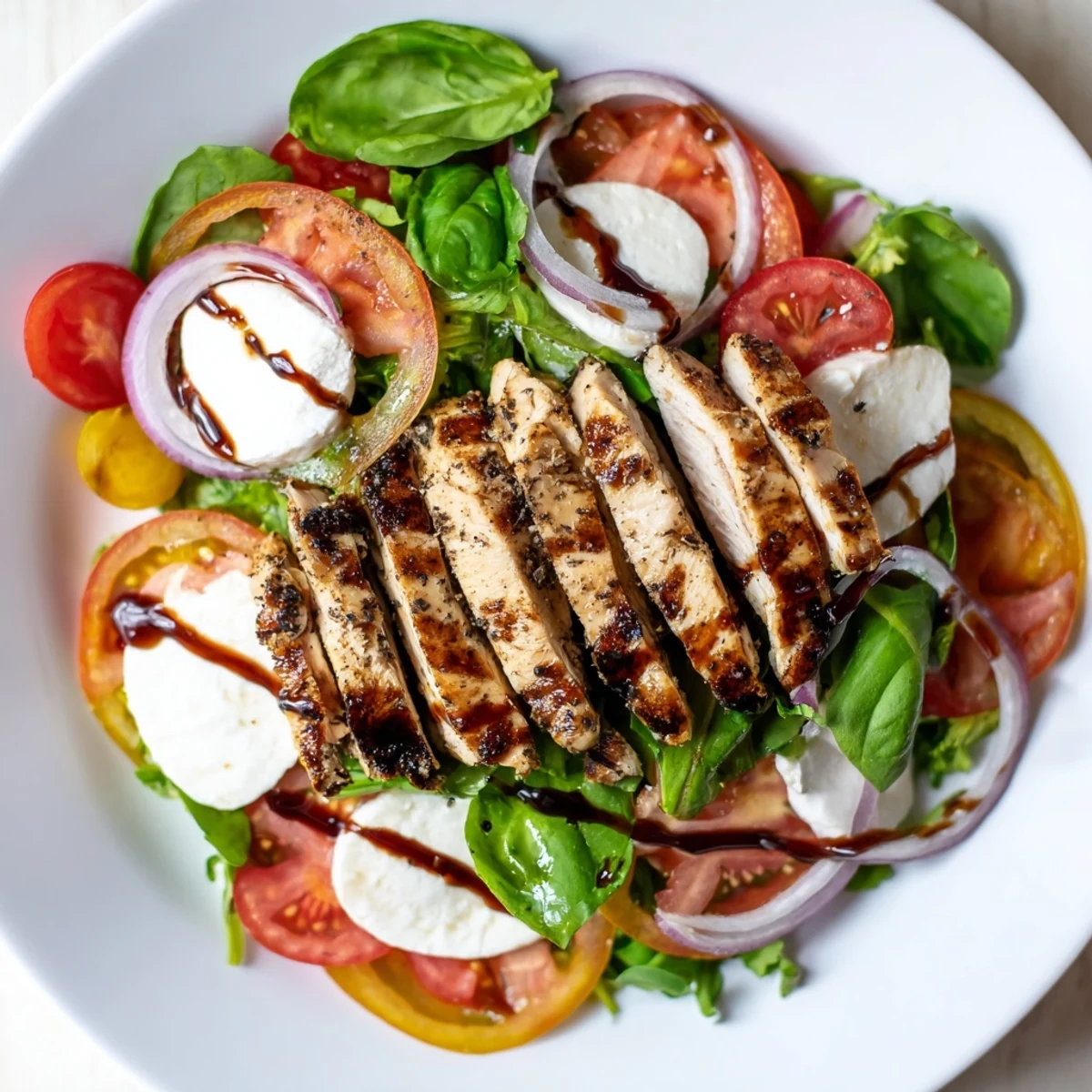 Grilled chicken slices nestled in a Caprese Chicken Salad, vibrant with fresh tomatoes and basil.