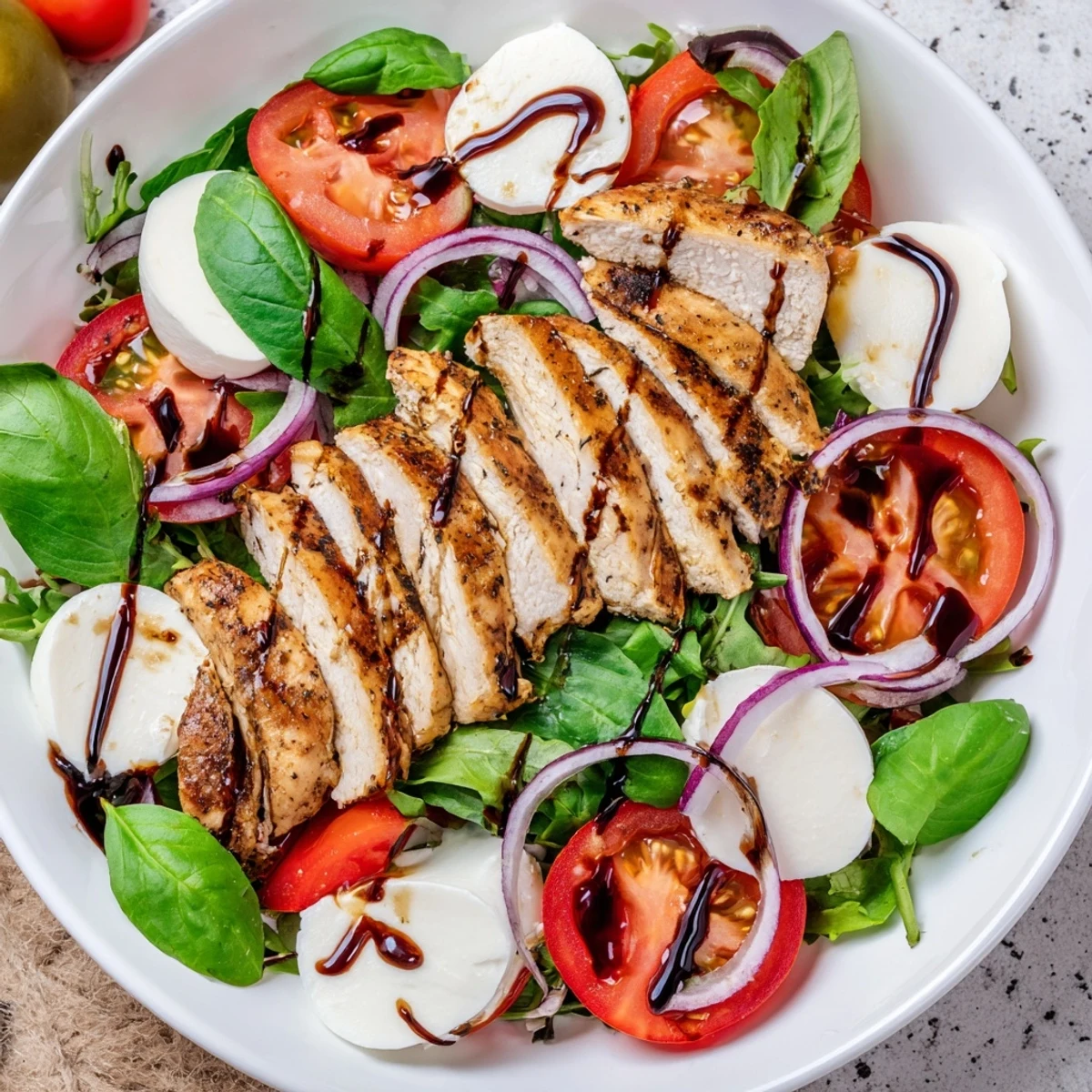 A close-up of a refreshing Caprese Chicken Salad: juicy grilled chicken with mozzarella and balsamic glaze.