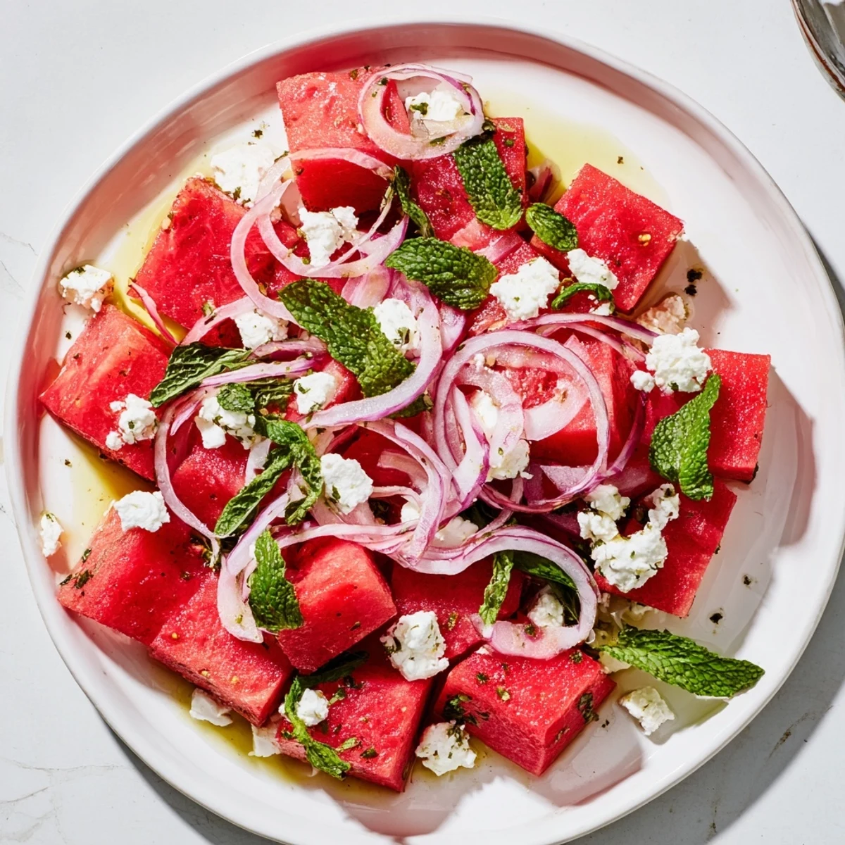 Vibrant Watermelon Feta Salad, featuring sweet melon chunks, creamy feta, and fresh mint.