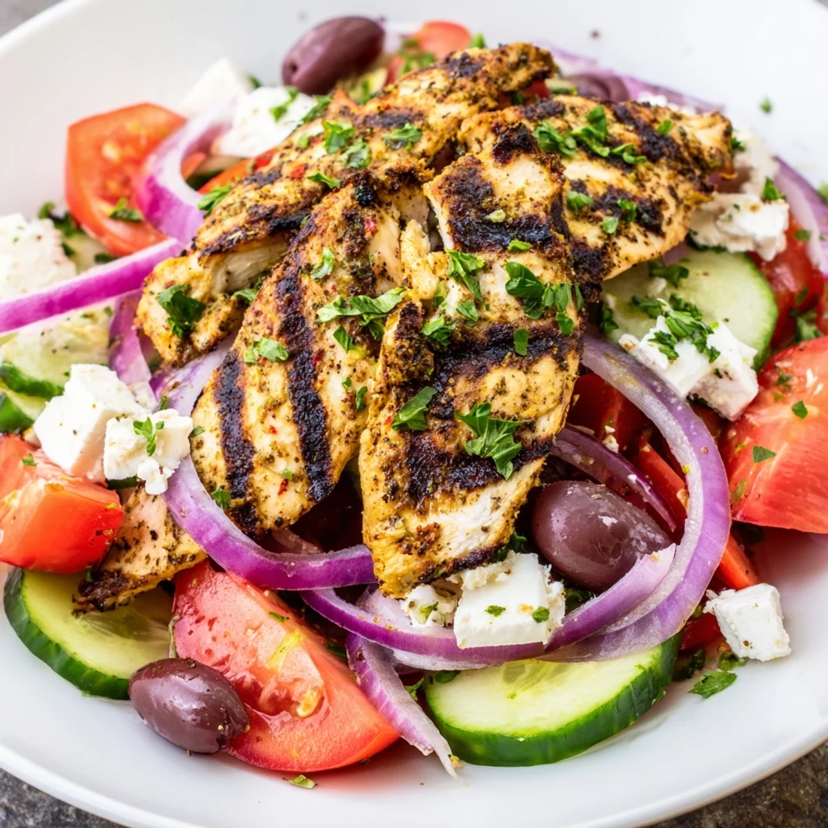 Grilled chicken Greek salad, a colorful dish with vibrant tomatoes and savory feta cheese.
