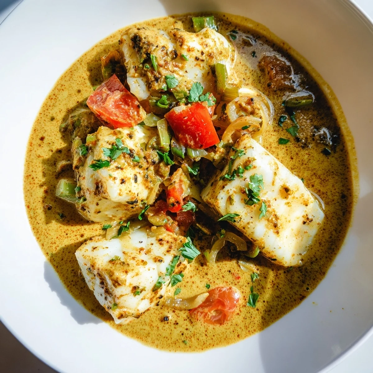 Close-up of Bahraini Fish Curry, garnished with fresh cilantro, ready to be served hot.
