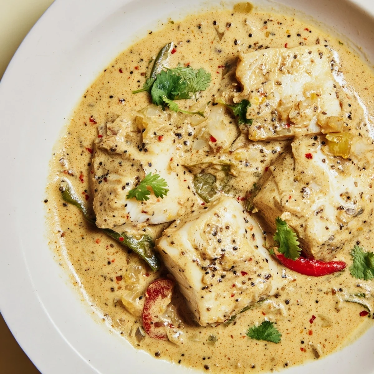 Steaming bowl of delicious Bahraini Fish Curry; perfect for a comforting and flavorful dinner.