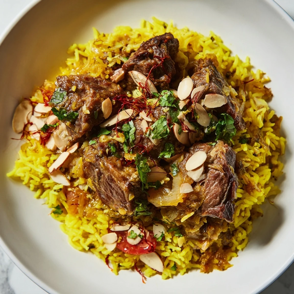 A steaming plate of Qatari Majboos: fluffy rice with tender lamb, garnished with cilantro and nuts.