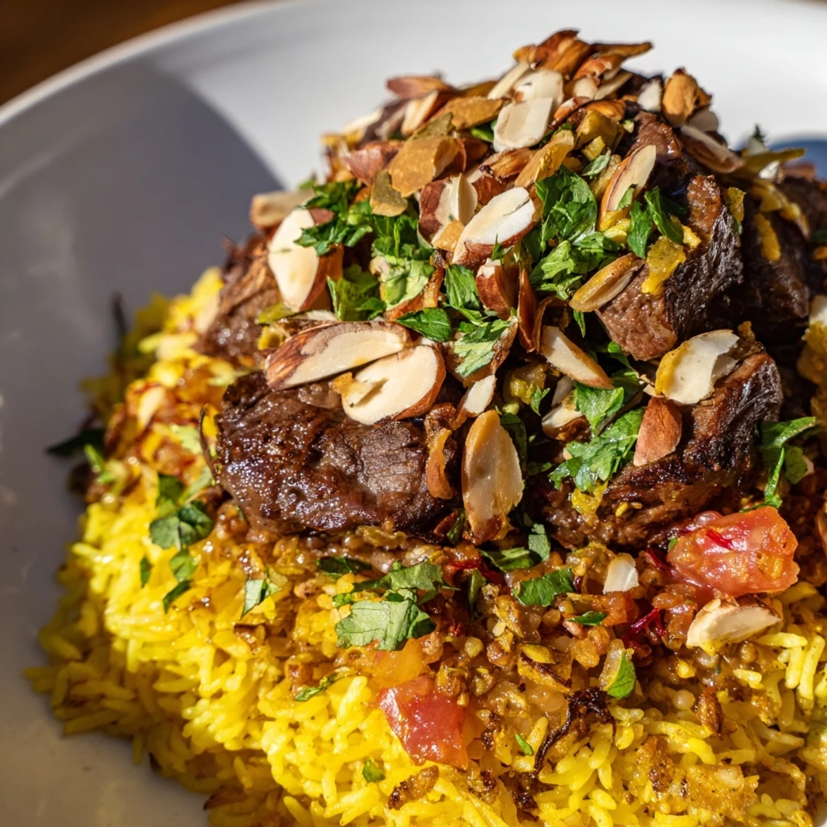 The vibrant colors and flavors of Qatari Majboos shine in this image of a delicious Middle Eastern meal.