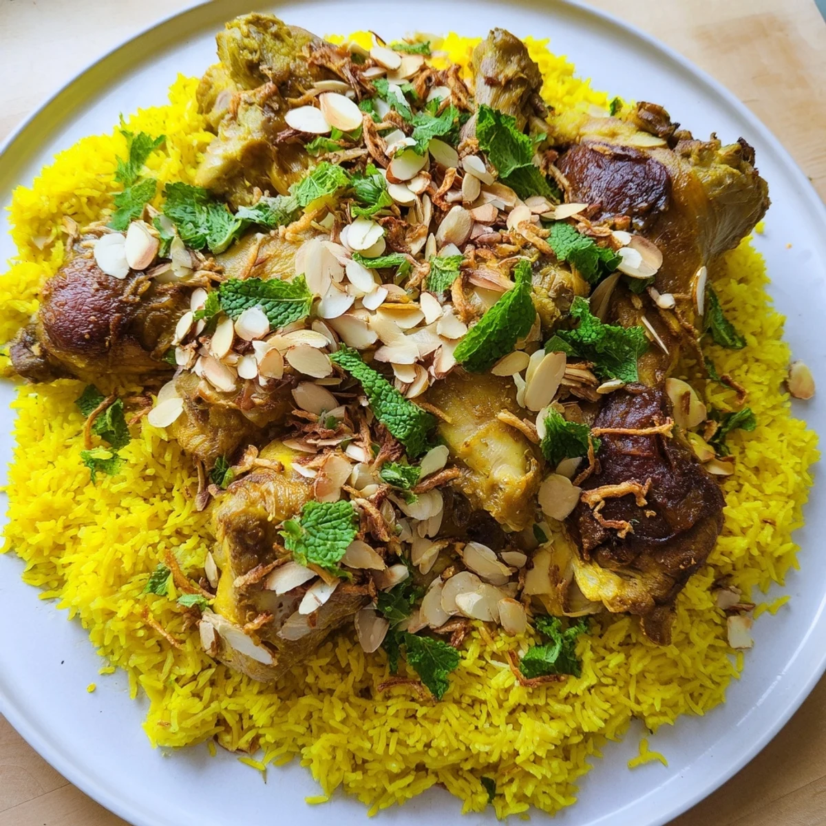 Steaming Kuwaiti Biryani rice, a flavorful layered rice dish with tender marinated meat, awaits.