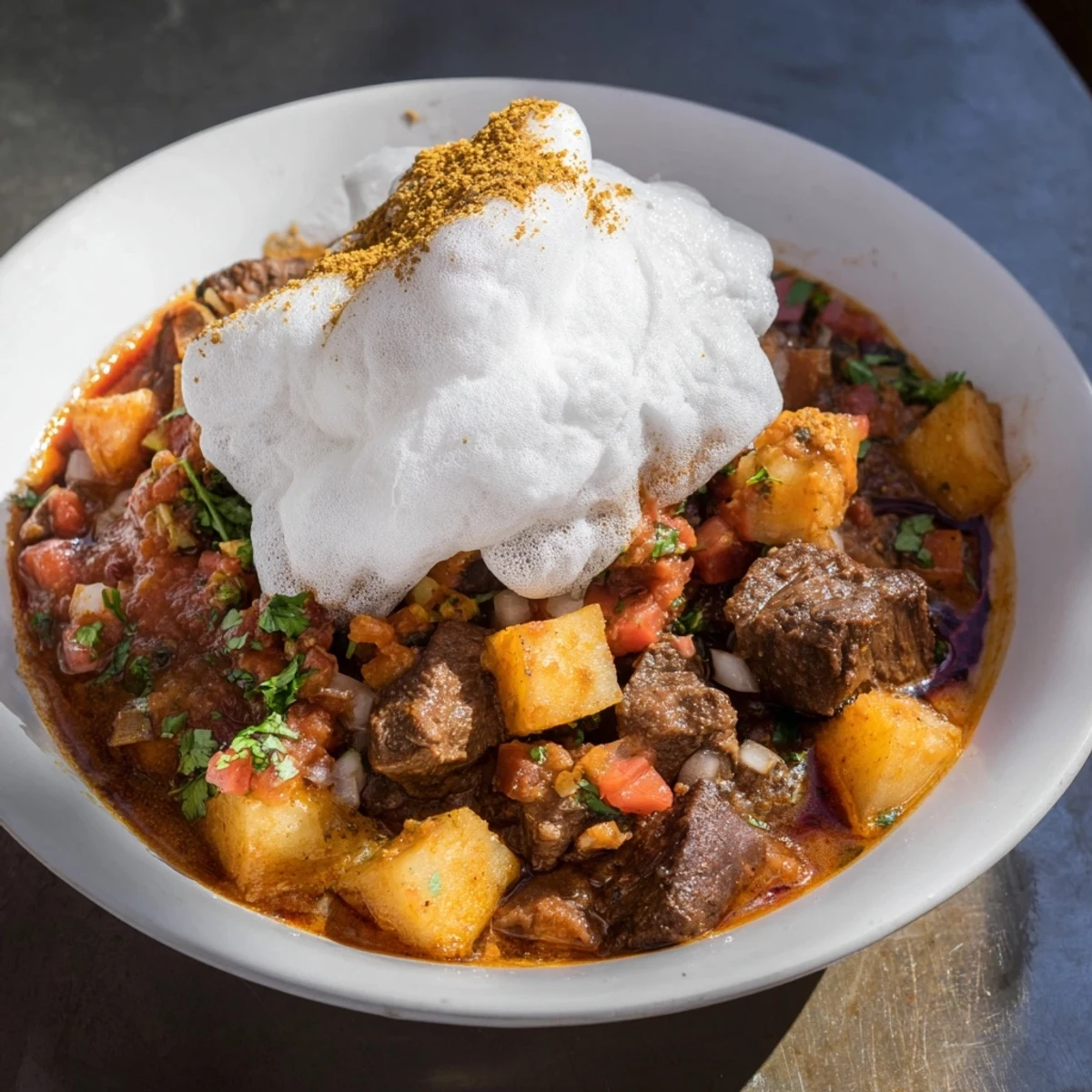 Yemeni Saltah stew: A steaming bowl of savory meat stew, topped with airy, frothy fenugreek.