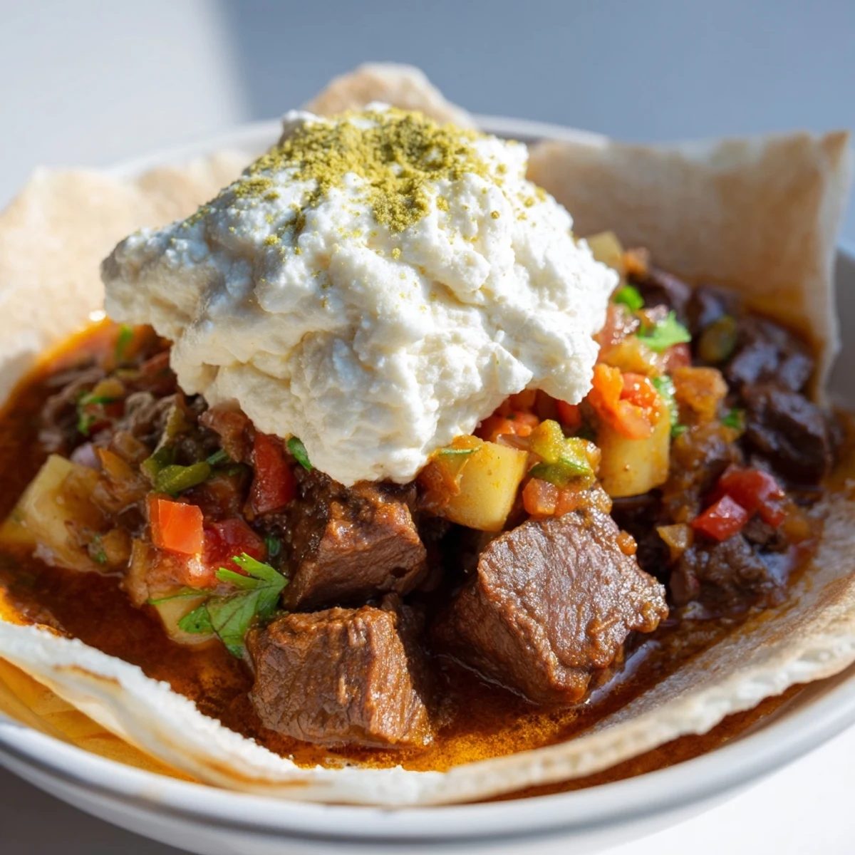 Get cozy with this delicious Yemeni Saltah stew featuring tender meat, vegetables, and spiced broth.