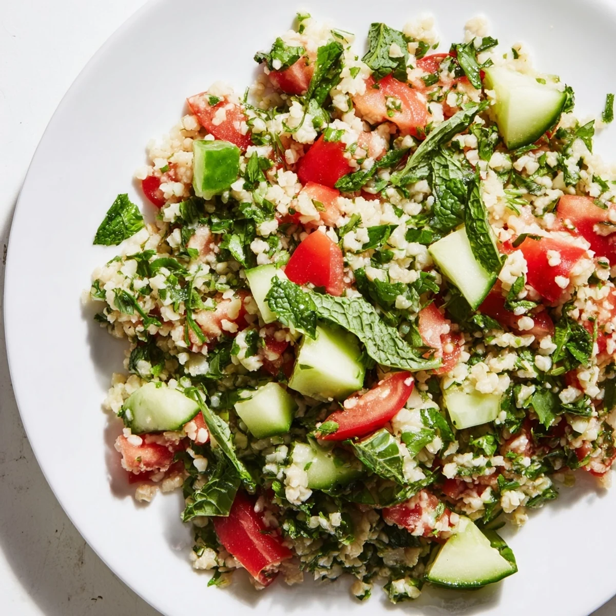 Fresh, vibrant Lebanese Tabbouleh Salad, a delightful mix of herbs and chopped vegetables.