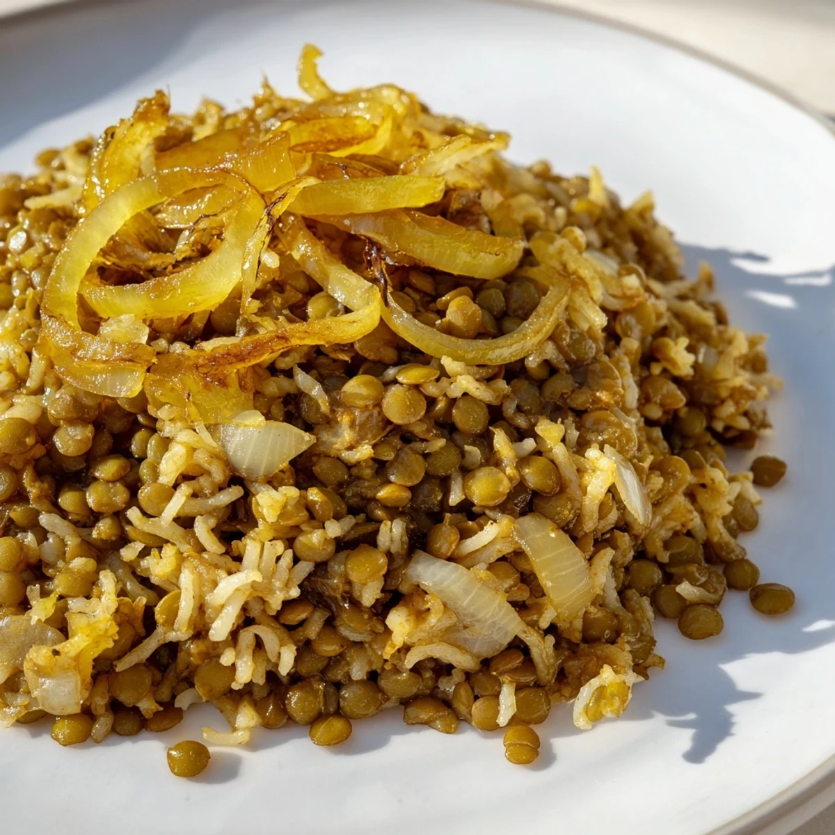 Golden caramelized onions atop savory Lebanese mjadra—a flavorful, warm lentil and rice dish.