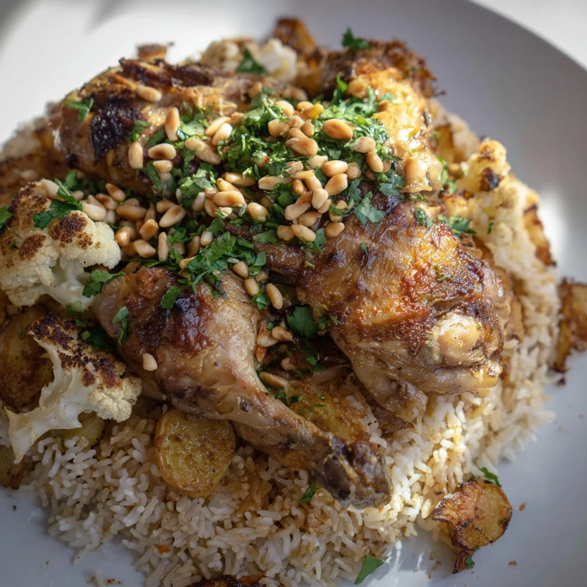 A beautifully layered Palestinian Maklouba with tender chicken, vegetables, and aromatic spices cooked in a pot.