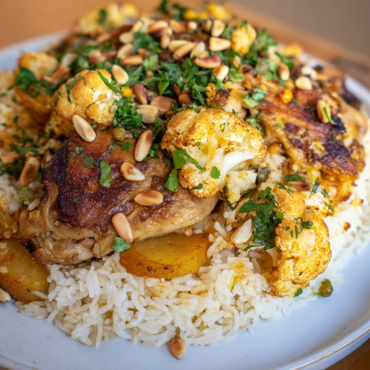 The inverted Palestinian Maklouba shows a rich display of flavors; a comforting Middle Eastern dish for your table.