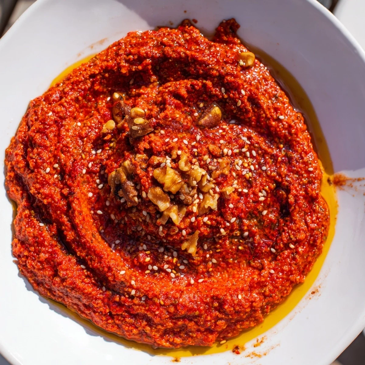 Served with pita: Rich and tangy Syrian Muhammara, sprinkled with sesame seeds for added flavor.