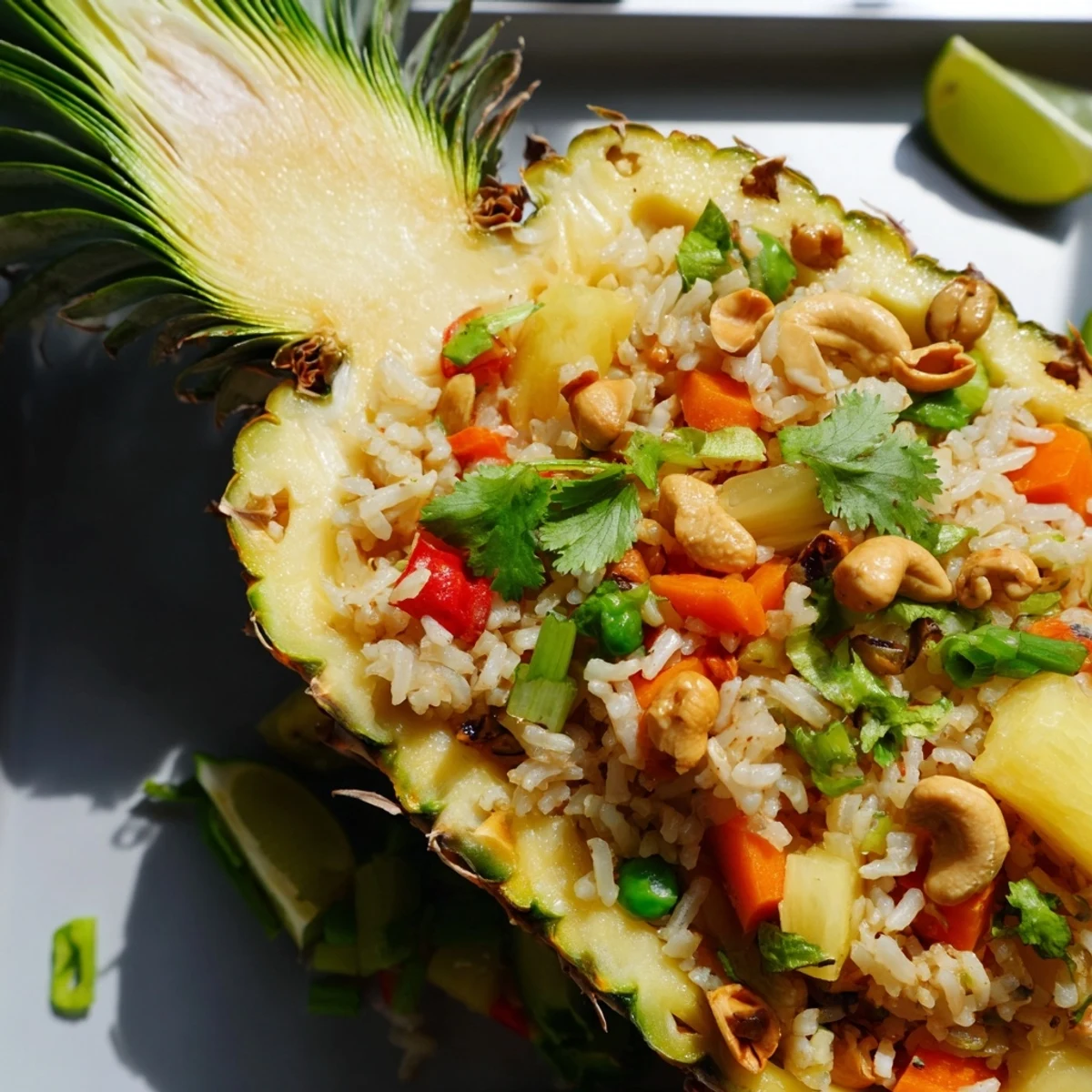 Golden pineapple fried rice served in a hollowed pineapple shell, garnished with fresh cilantro and lime wedges.