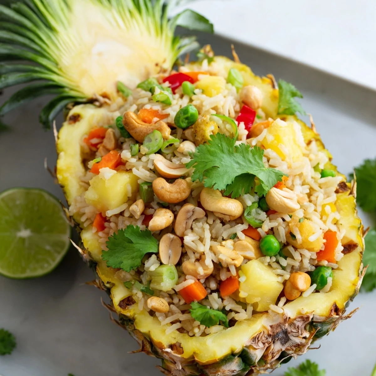 Vibrant Thai-style pineapple fried rice with sweet fruit, crunchy cashews, and colorful veggies in a pineapple bowl.
