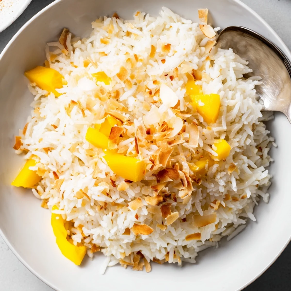 Fluffy jasmine rice simmered in creamy coconut milk, sweetened lightly for a tropical dessert served warm.