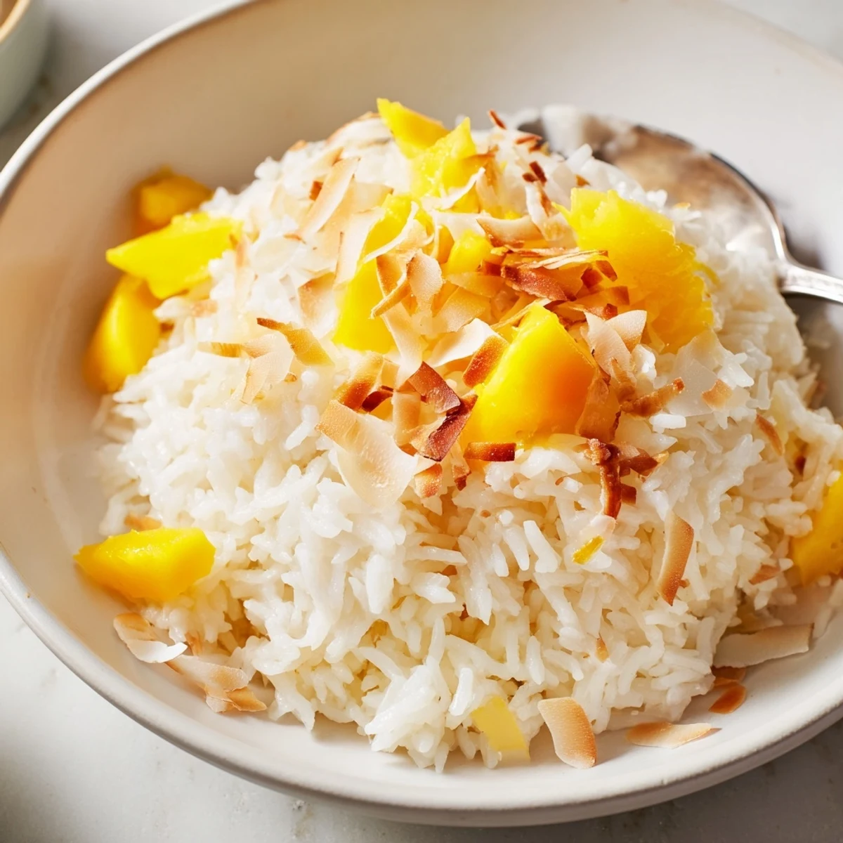 A fragrant, gluten-free Coconut Rice Sweet dessert recipe, plated warm with a spoon beside vibrant tropical fruit.