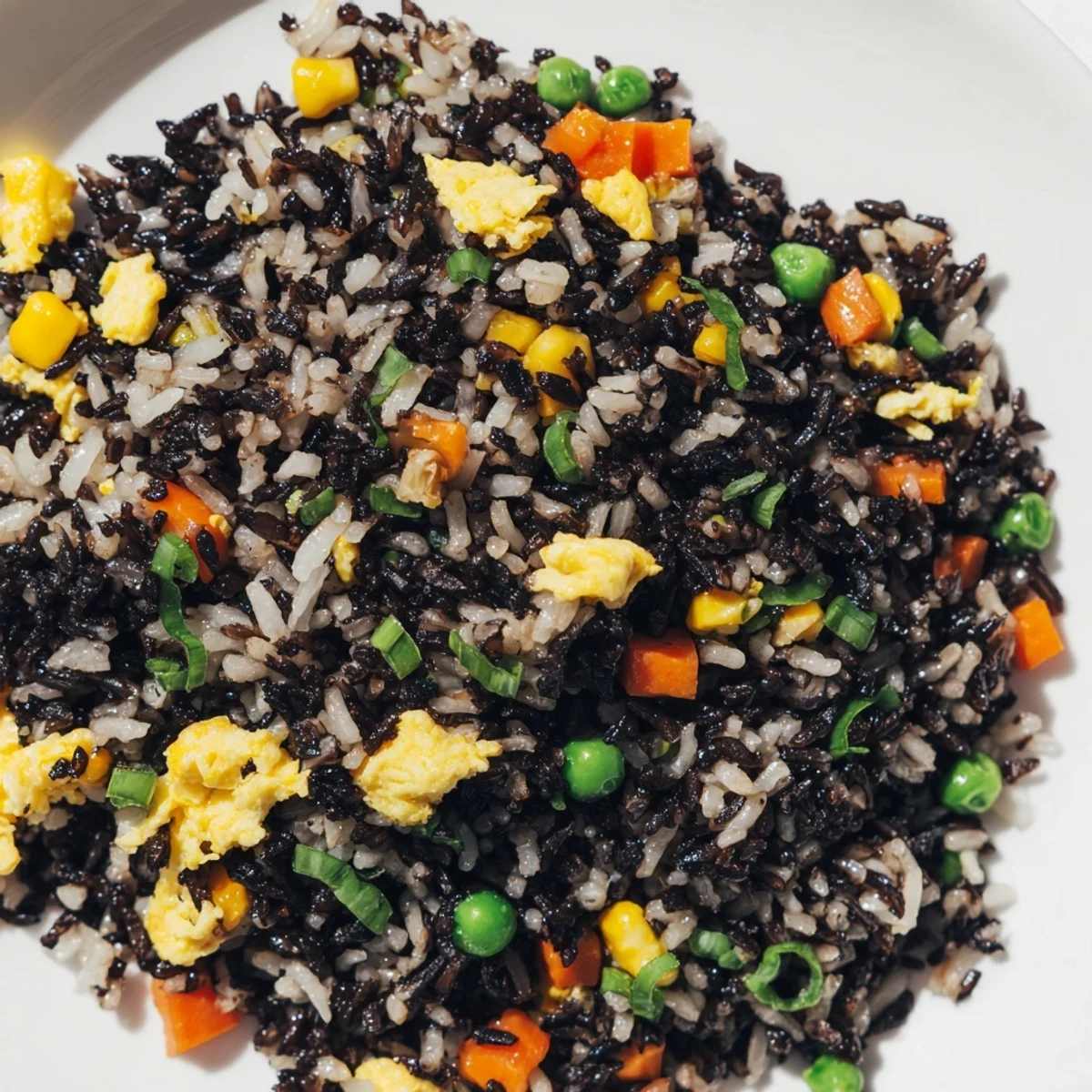 Steamy, glossy black garlic fried rice with tender vegetables and fluffy grains in a rustic bowl.  