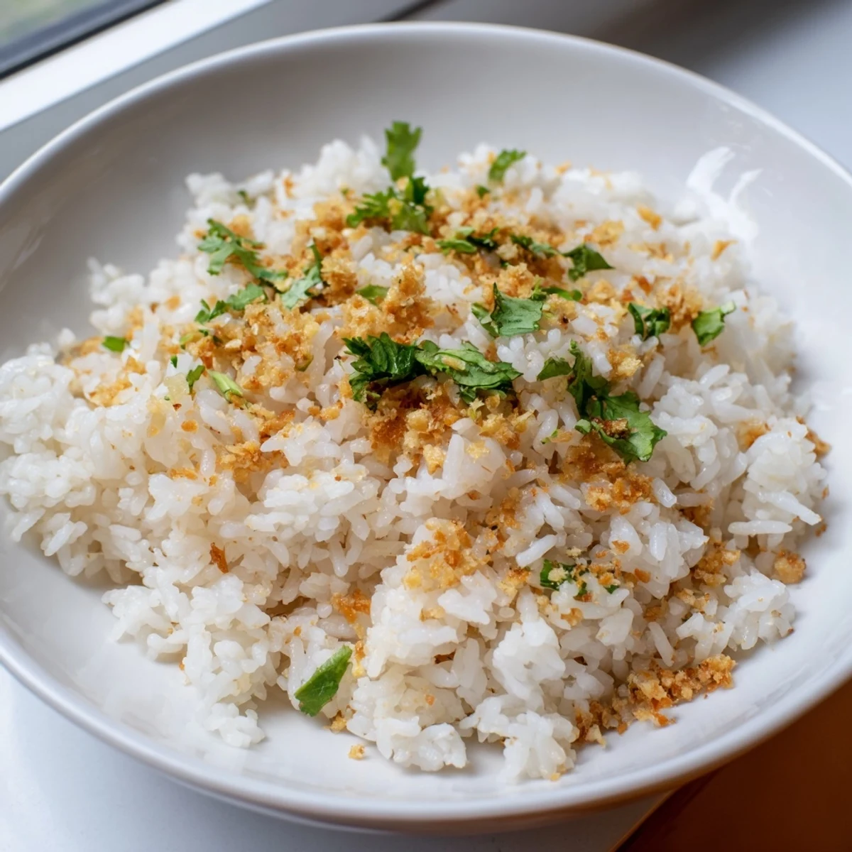 Fluffy grains of jasmine rice garlic infused with golden oil, steaming beside colorful Asian-style stir-fry on a dinner plate.