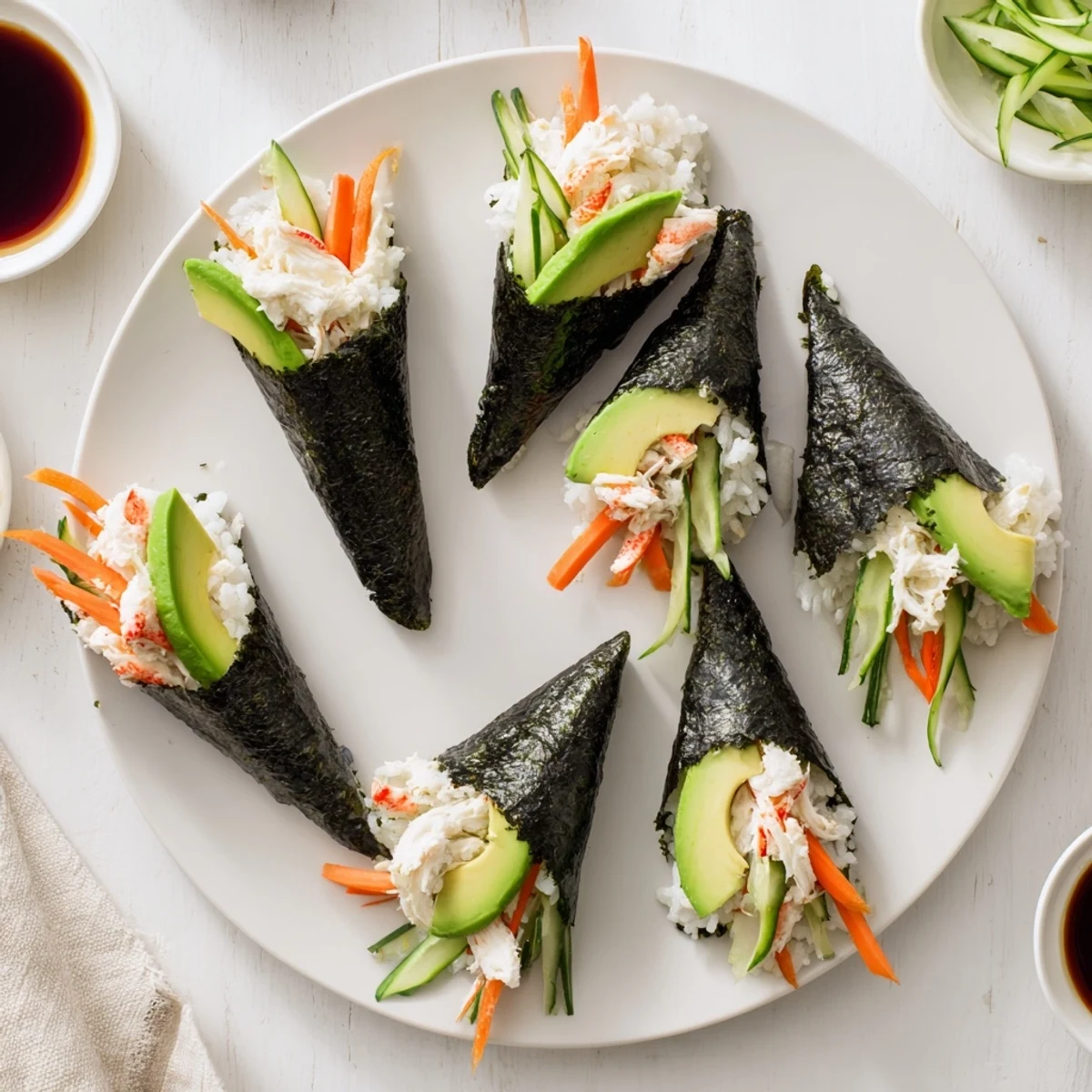 Four freshly rolled sushi rice hand rests, featuring nori-wrapped cones filled with creamy avocado slices, crisp cucumber sticks, and sweet crab mixed with mayonnaise.