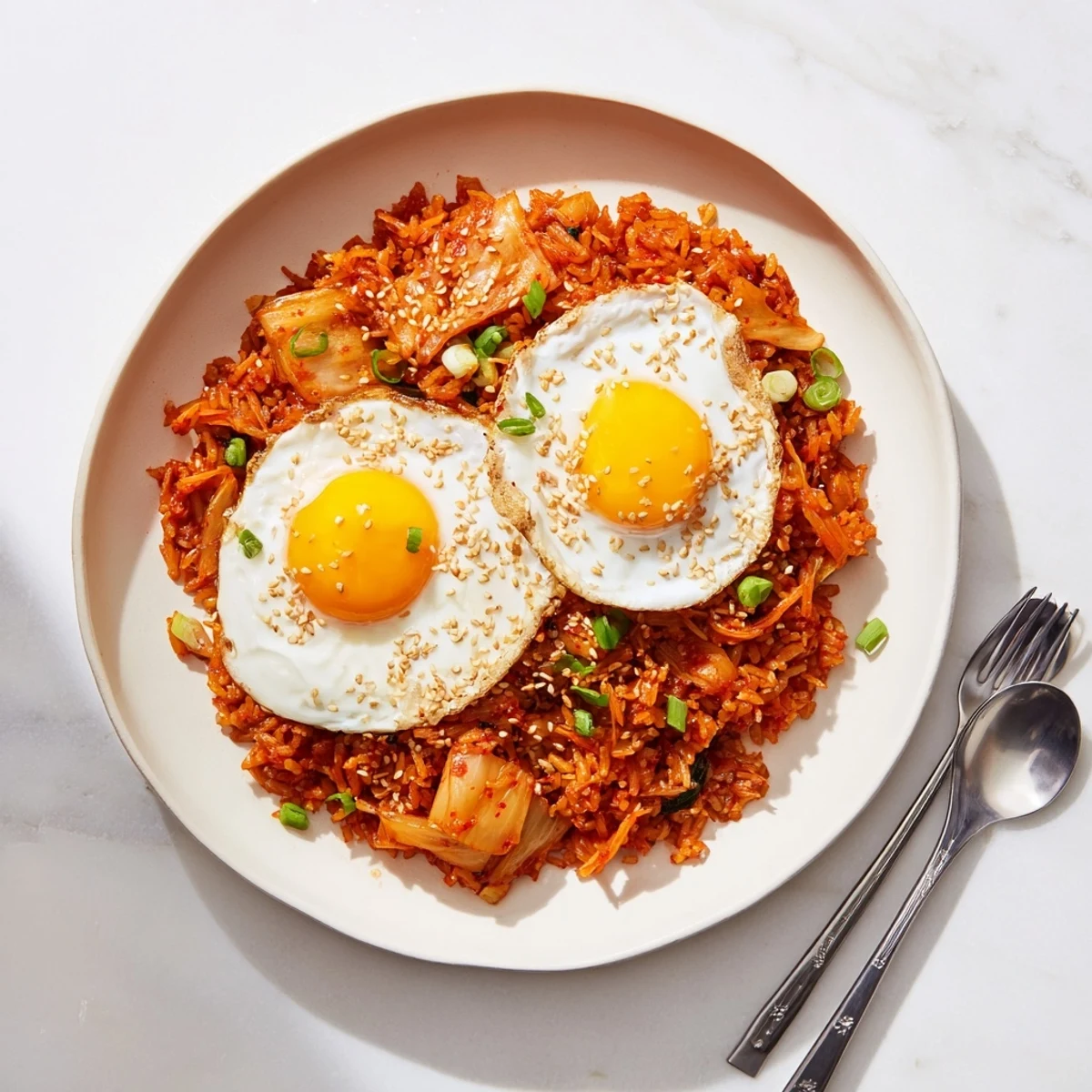 Spicy Kimchi Fried Rice topped with a runny yolk fried egg and fresh green onions, served in a ceramic bowl.