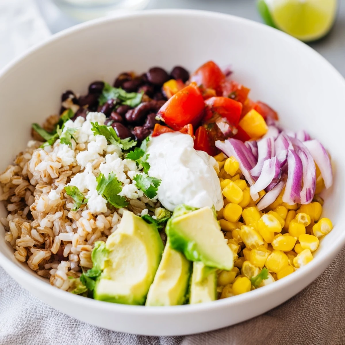 A vibrant Brown Rice Burrito Bowl with layered brown rice, black beans, and colorful bell peppers topped with creamy queso and fresh avocado.