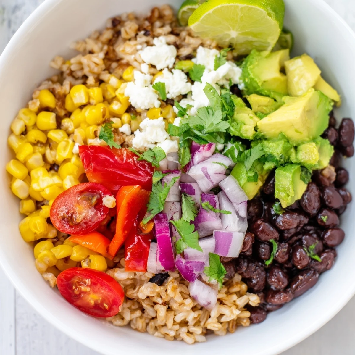 A close-up of a wholesome Brown Rice Burrito Bowl showcases queso drizzled over beans, rice, and diced veggies, garnished with fresh cilantro.