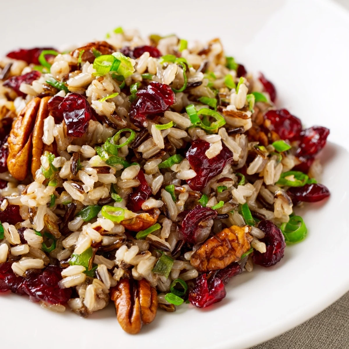 A close-up of Wild Rice Harvest Salad with toasted pecans, dried cranberries, and fresh herbs in a zesty vinaigrette.