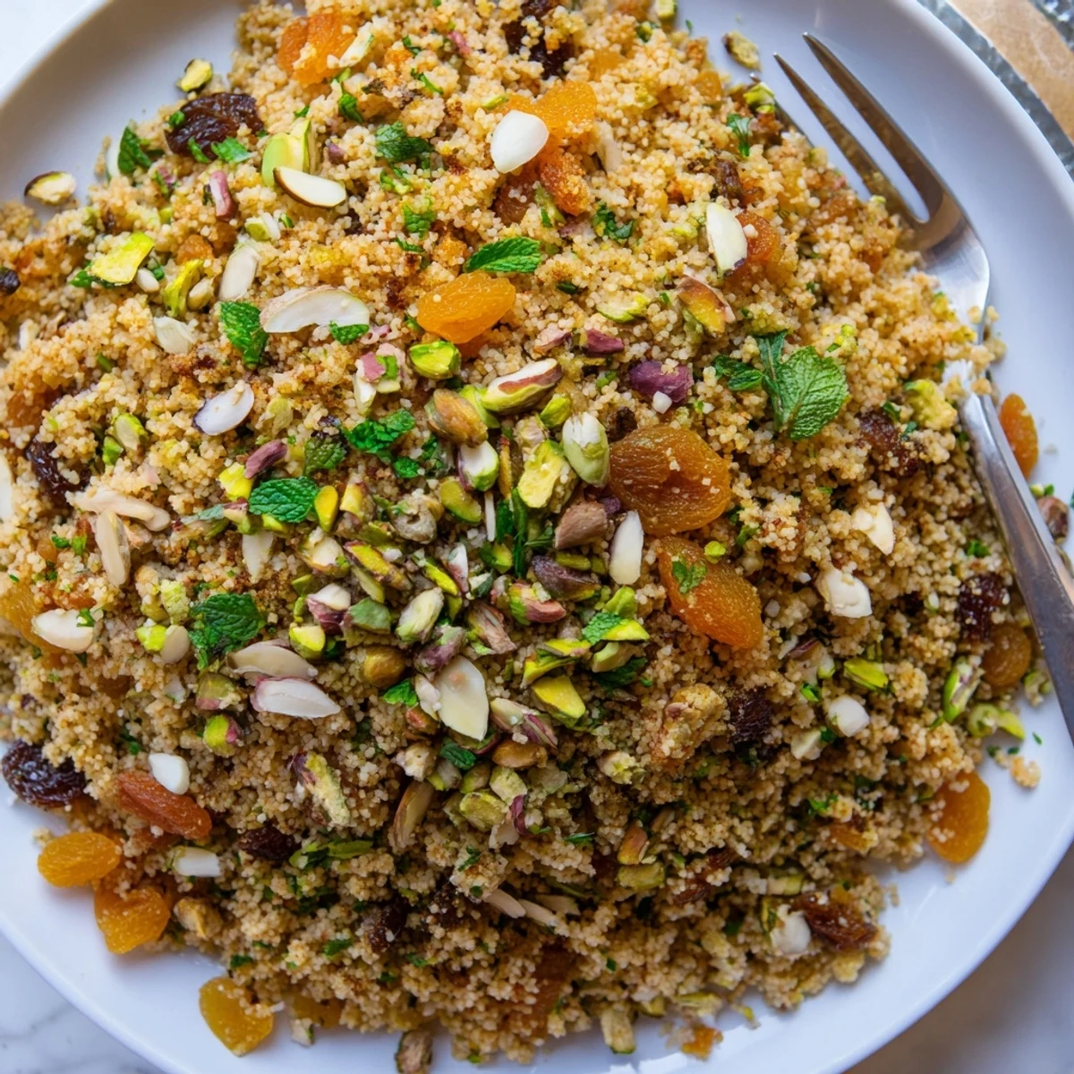Fluffy couscous pilaf spiced with cumin and cinnamon, loaded with dried apricots and golden raisins.  