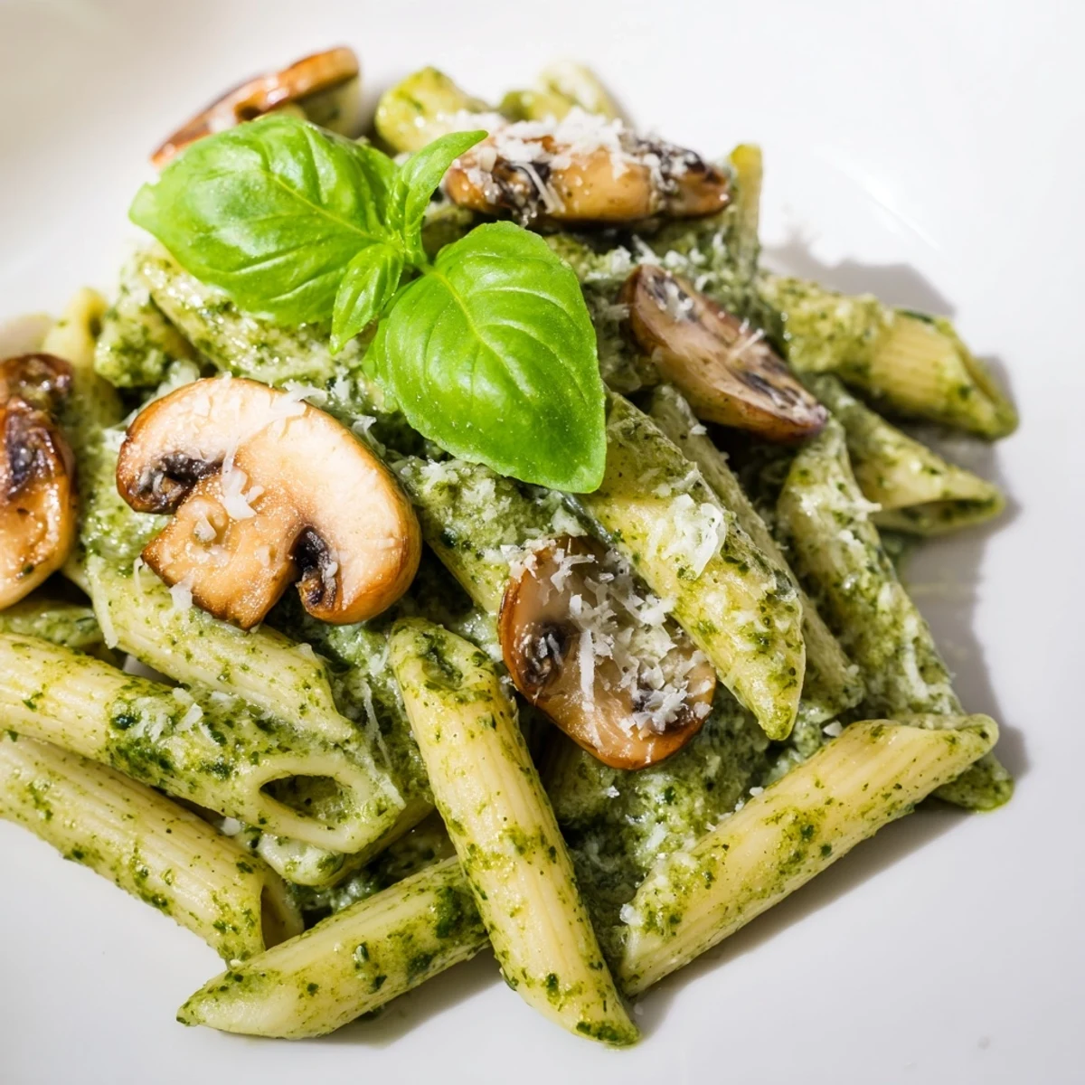 A close-up of creamy mushroom pesto pasta in a white bowl, garnished with fresh basil leaves and grated Parmesan cheese.