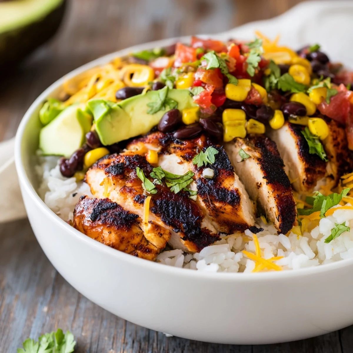 A close-up of a Spicy Chicken Burrito Bowl with charred grilled chicken, fluffy rice, black beans, and corn, topped with fresh avocado and salsa.  