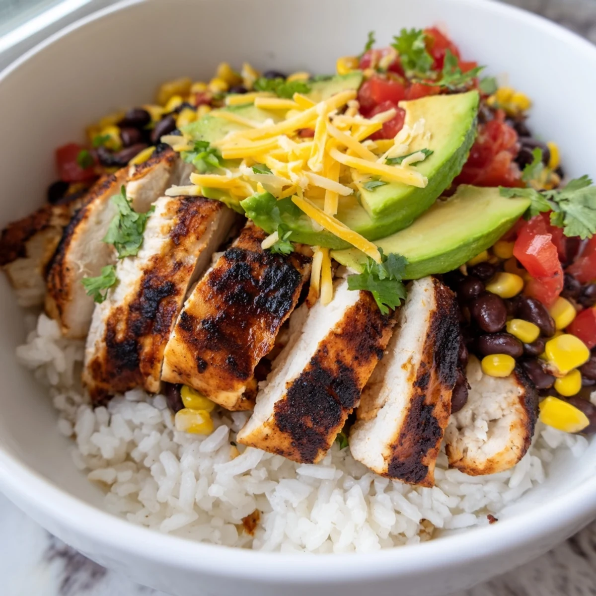 Serving suggestion for Spicy Chicken Burrito Bowl: sliced chicken, black beans, corn, and fresh salsa, garnished with cilantro and lime wedges.
