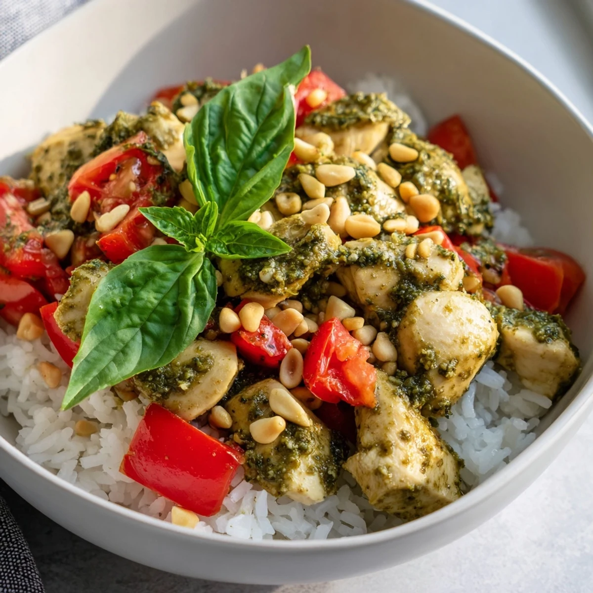 Tender chicken breast coated in basil pesto served over warm rice with diced tomatoes.