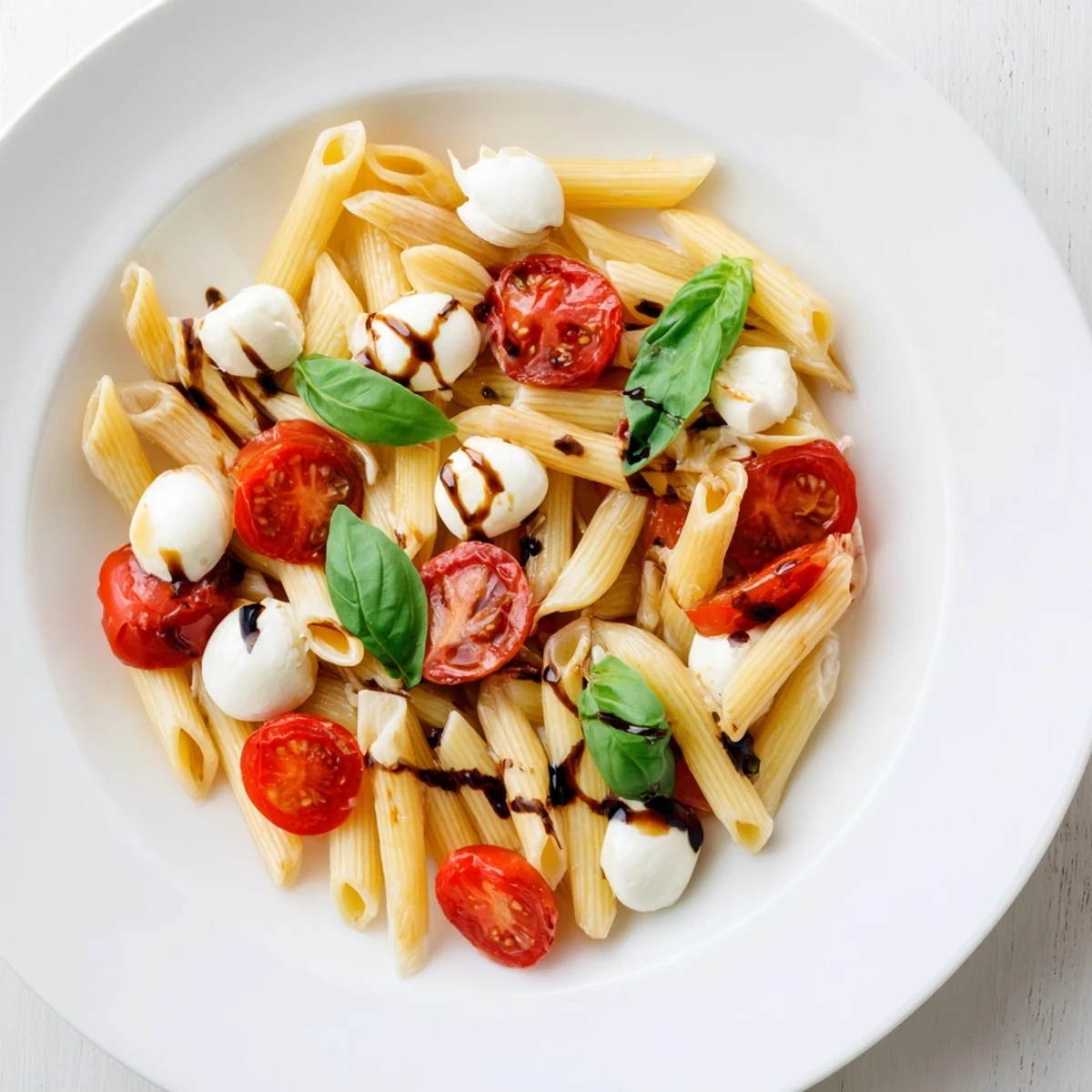 Close-up of vibrant Caprese Salad Pasta, featuring halved cherry tomatoes and creamy mozzarella pearls tossed with al dente fusilli and fresh basil leaves on a white ceramic plate.