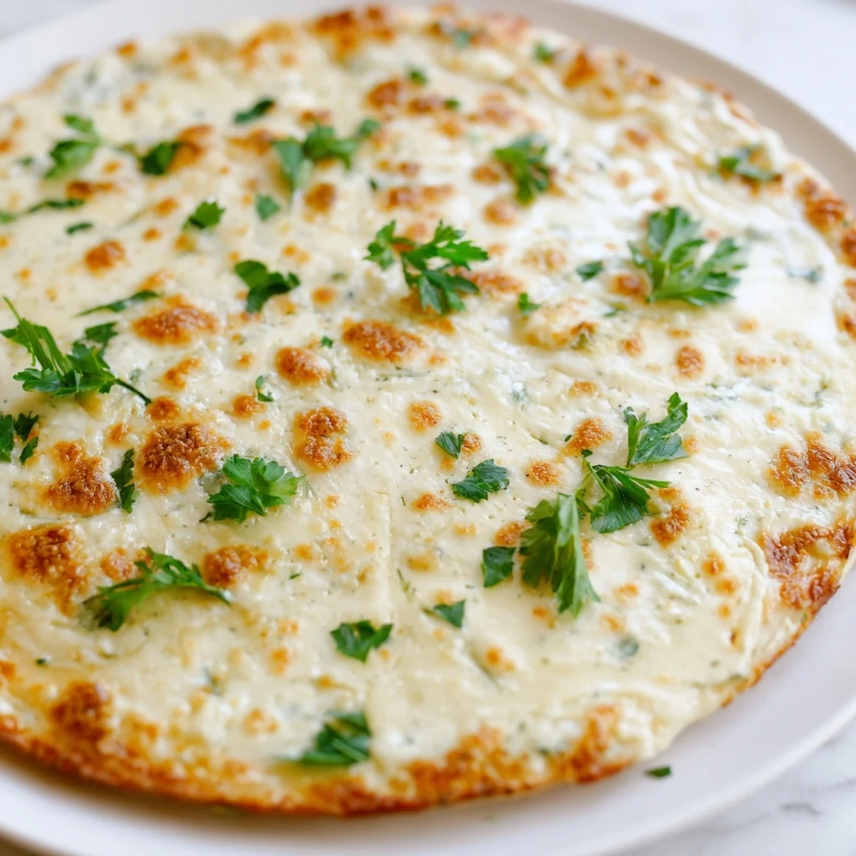 Overhead view of Creamy Garlic White pizza served hot on a wooden board, ready to enjoy.