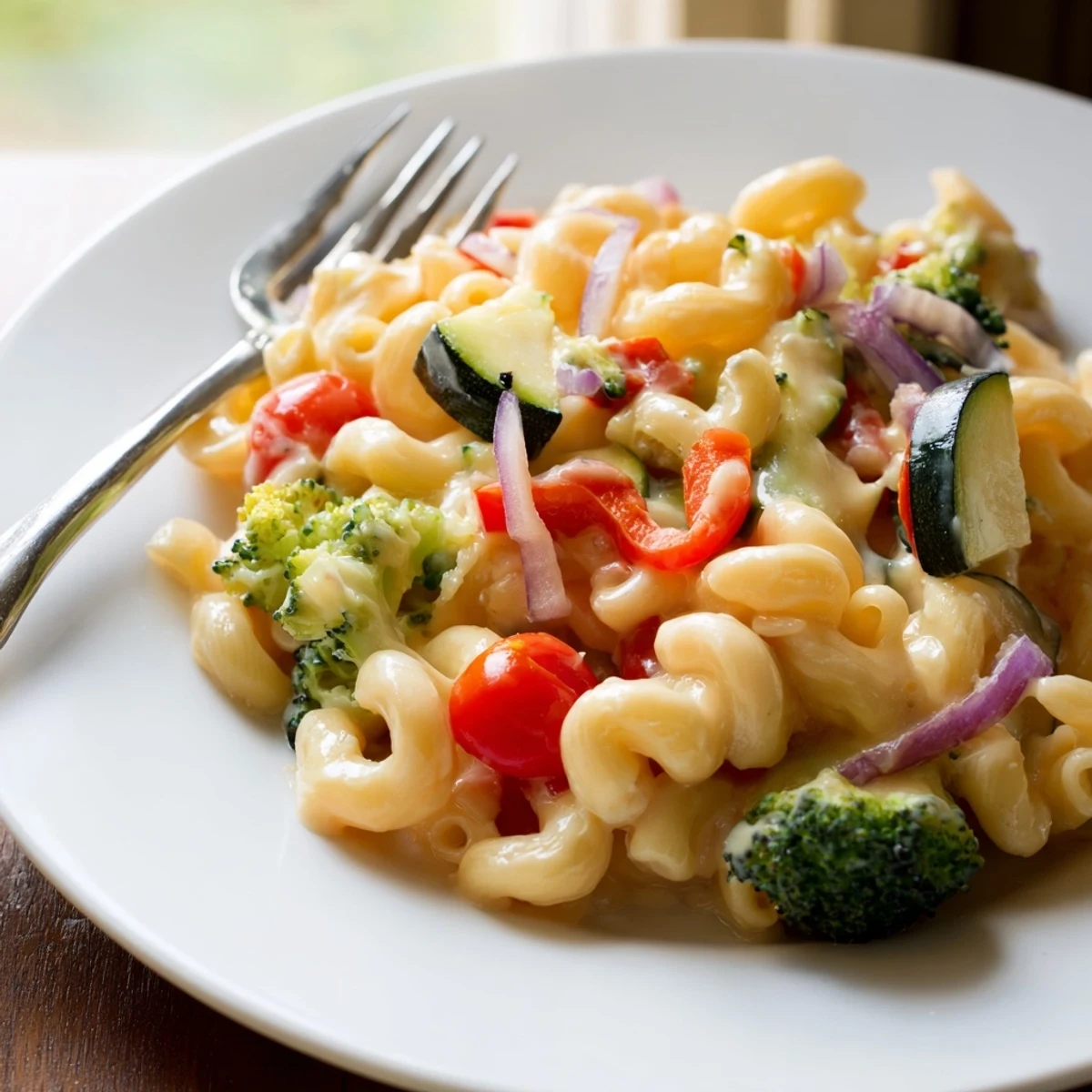Creamy Roasted Veggie Mac & Cheese in a white dish, featuring golden, caramelized bell peppers and broccoli nestled among tender pasta noodles.