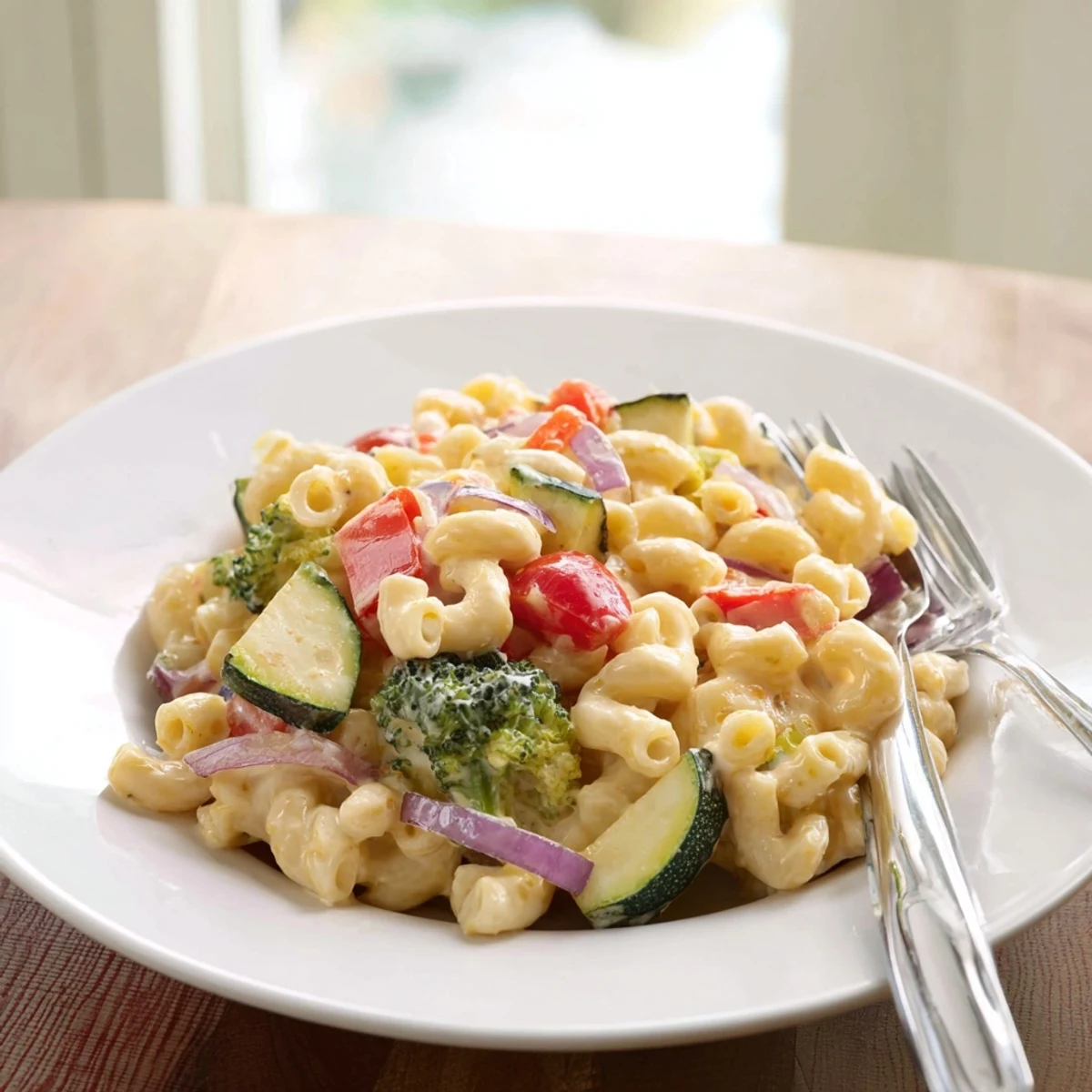 A close-up view of Roasted Veggie Mac & Cheese in a skillet, highlighting crispy breadcrumb topping and vibrant zucchini and cherry tomato pieces.