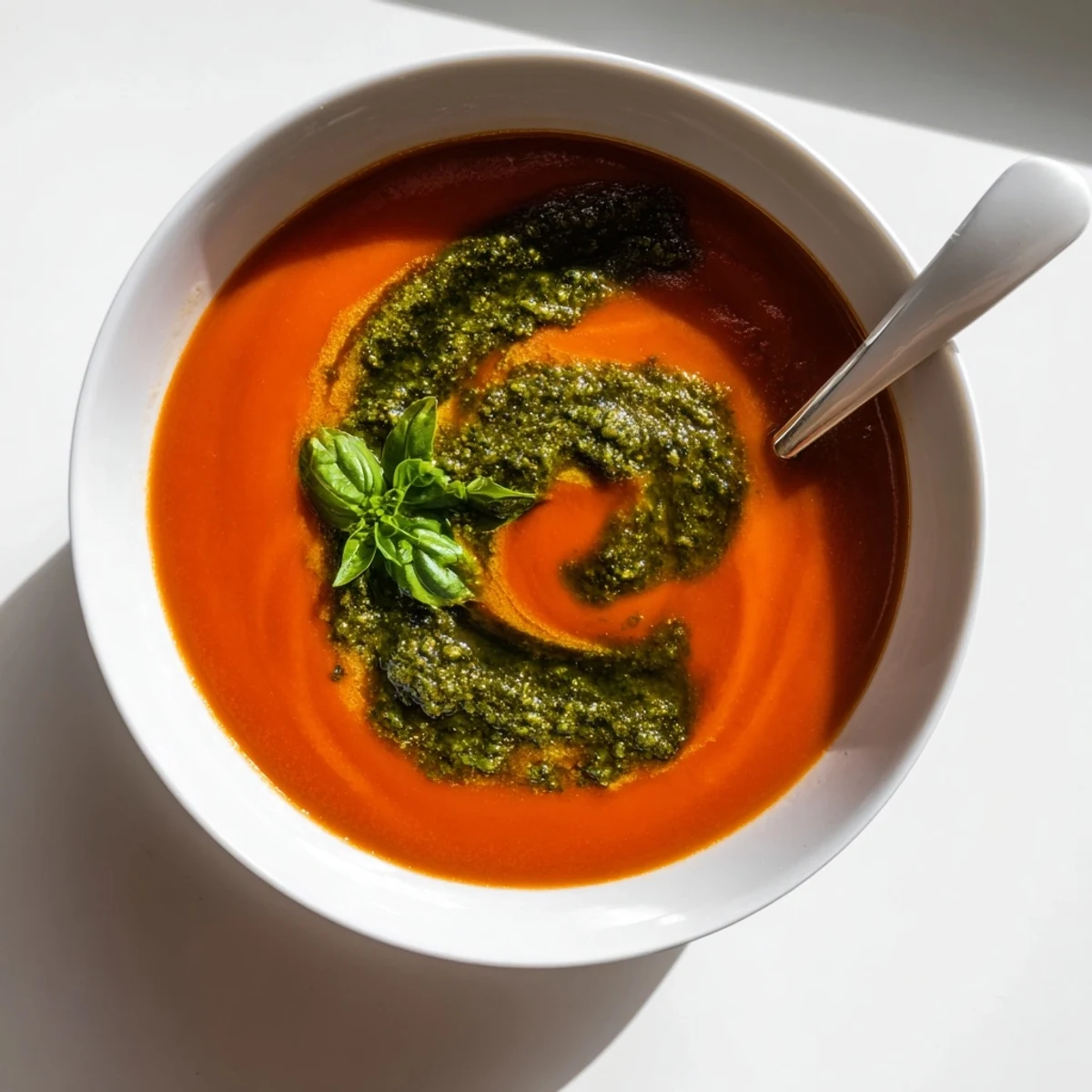 A warm bowl of Tomato Soup with Basil Pesto Swirl, featuring a creamy tomato base and a vibrant green swirl of fresh pesto.  