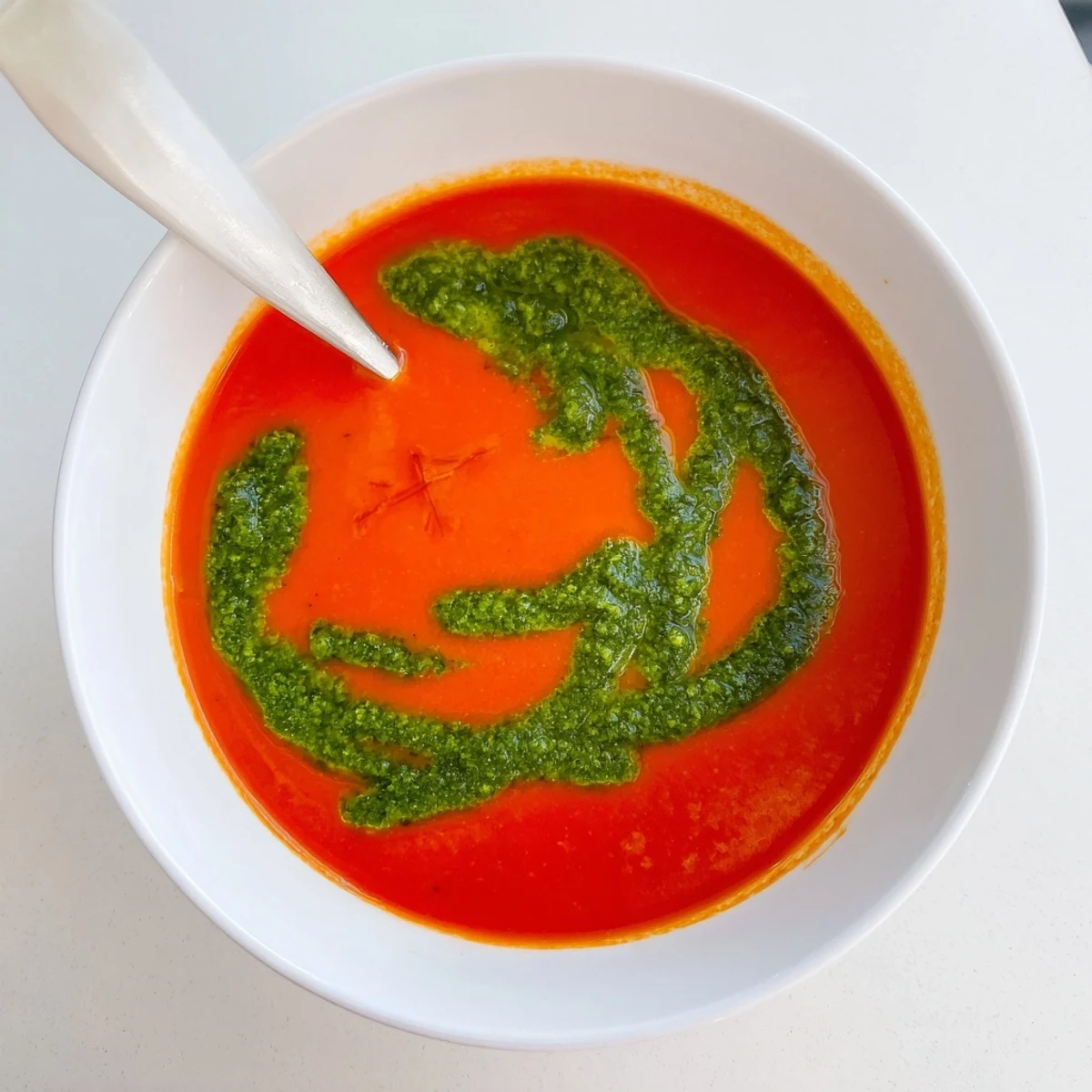 A close-up of Tomato Soup with Basil Pesto Swirl, highlighting the velvety texture and a fresh basil leaf garnish on top.  