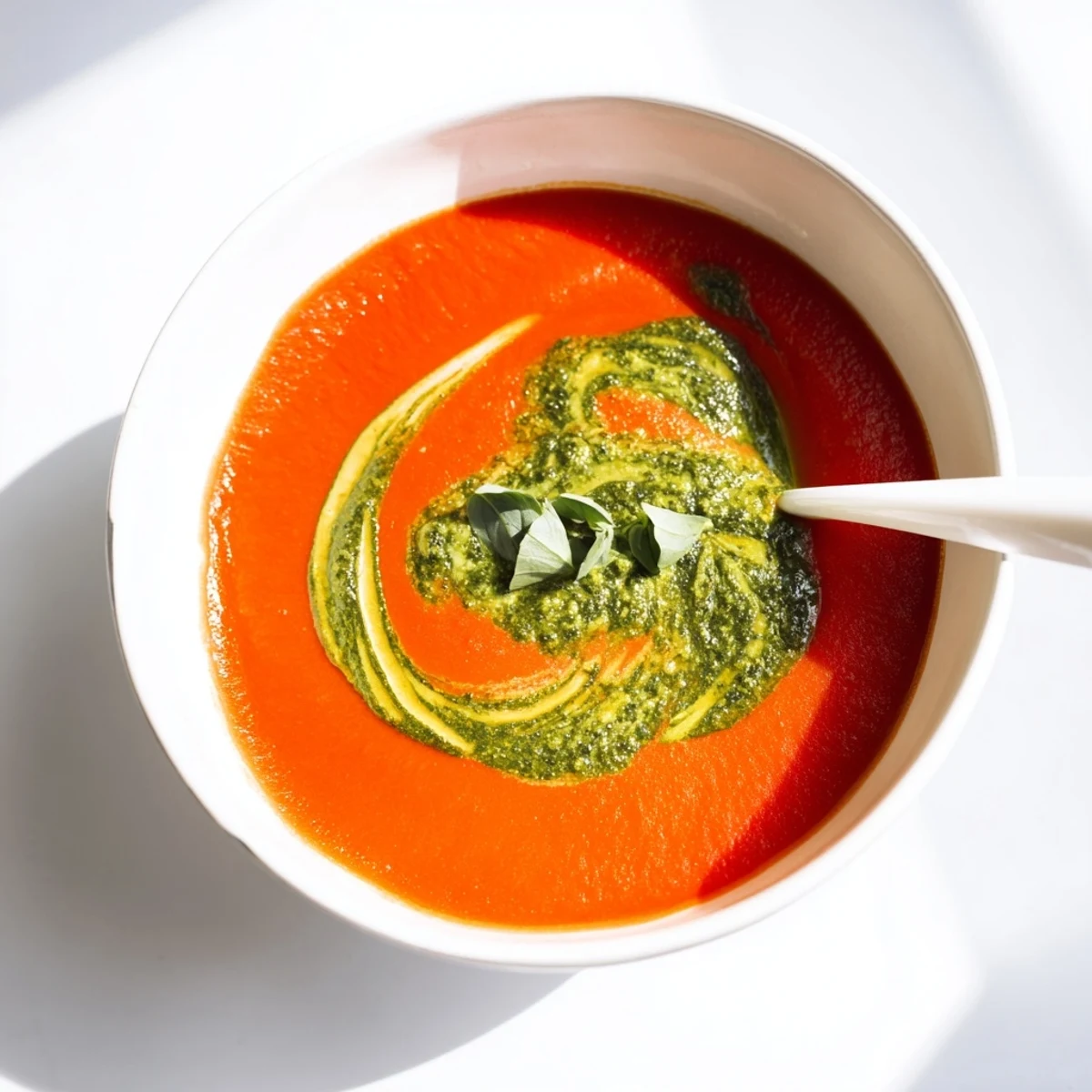 A comforting serving of Tomato Soup with Basil Pesto Swirl, drizzled with pesto and paired with a side of crusty bread.