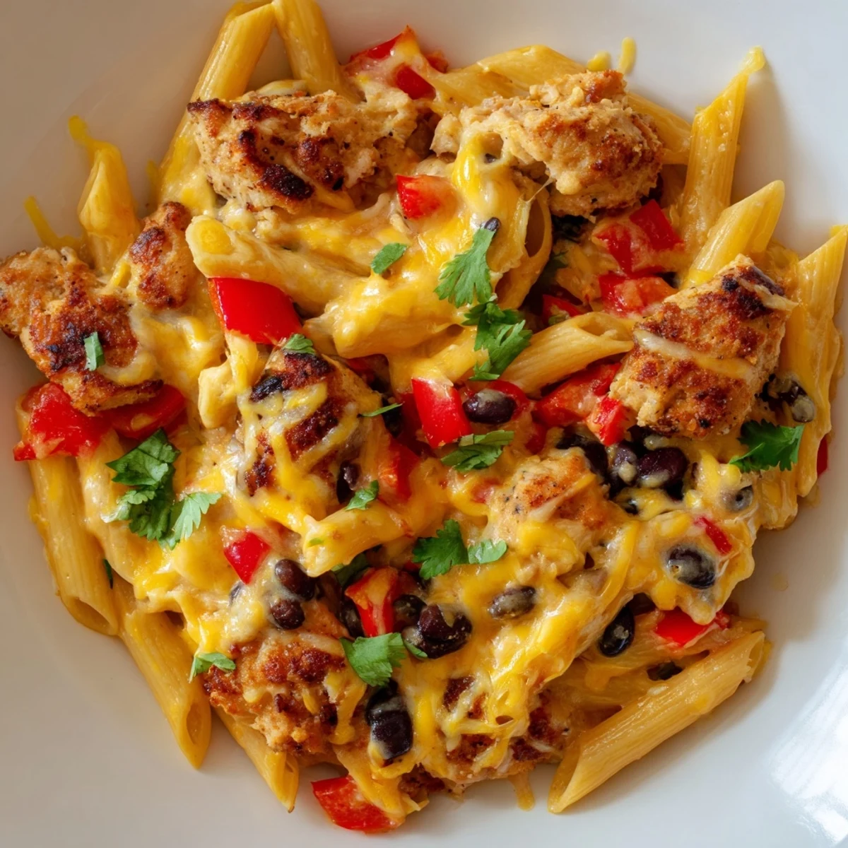 Crispy Chicken Burrito Pasta served in a skillet, topped with melted cheddar, Monterey Jack, and fresh cilantro garnish.