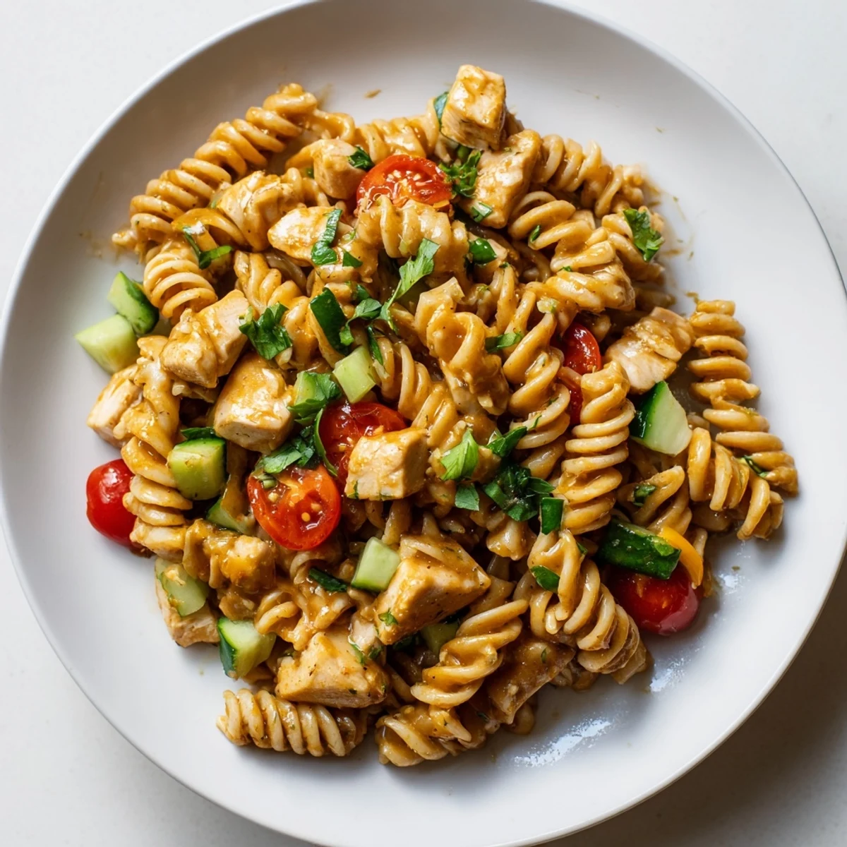 Spiral pasta and diced chicken in honey-mustard dressing, served over salad greens.