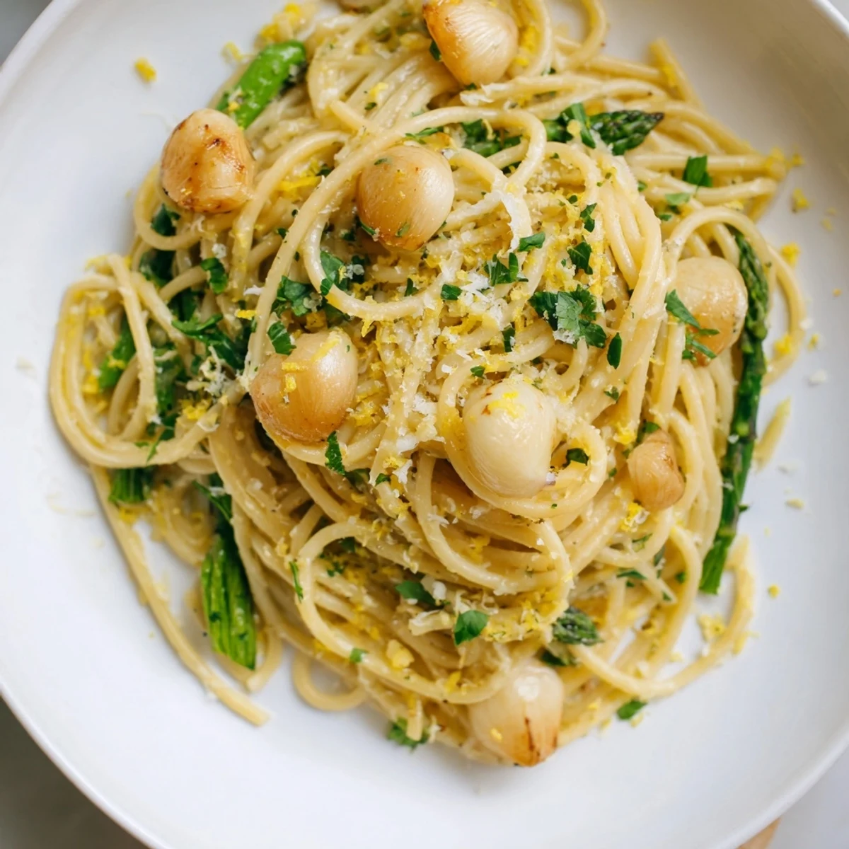 A close-up of Roasted Garlic & Asparagus Pasta on a white plate, featuring golden roasted garlic cloves and bright green asparagus spears tangled in spaghetti, drizzled with olive oil.  