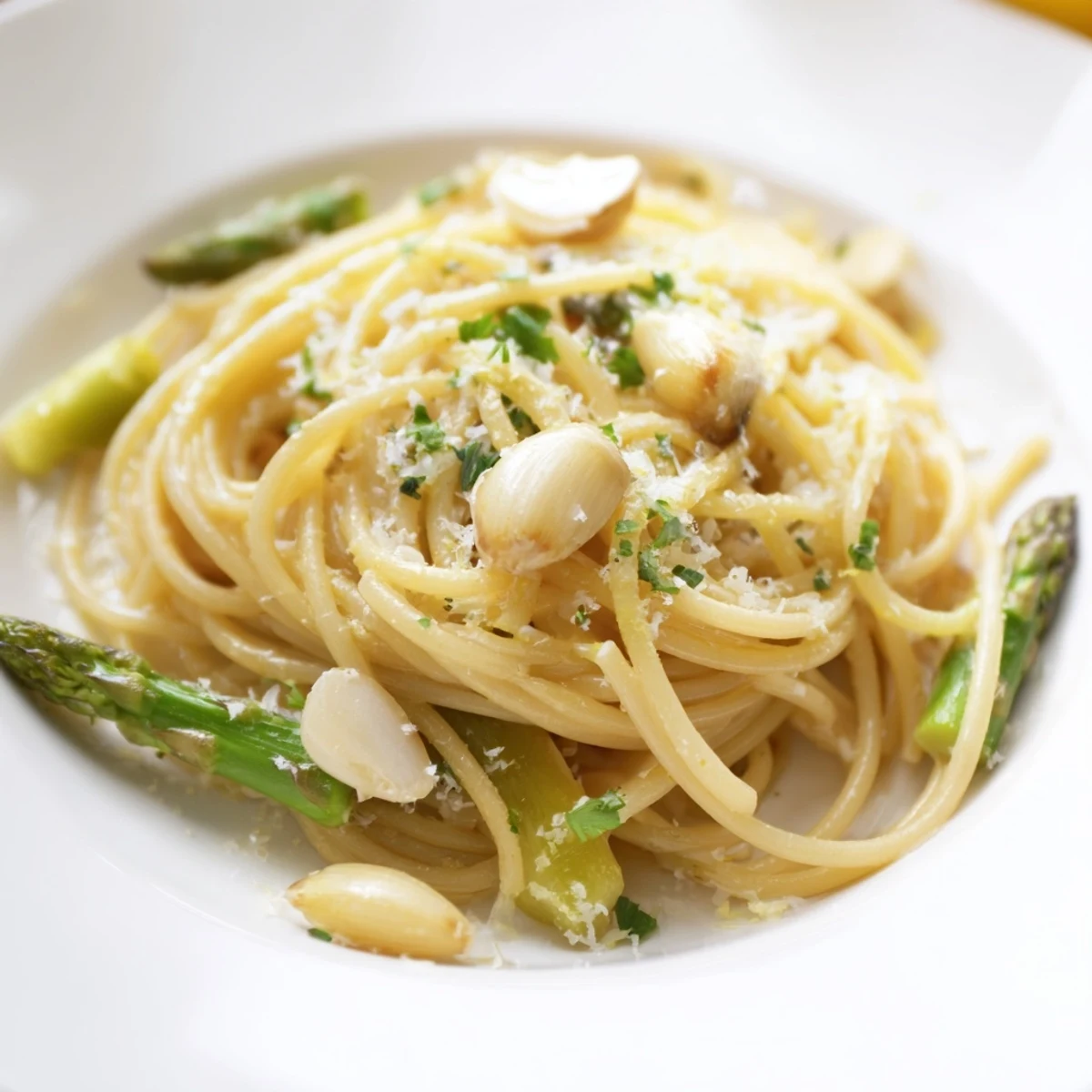 A rustic serving of Roasted Garlic & Asparagus Pasta twirled on a fork, showcasing tender asparagus pieces and caramelized garlic against a backdrop of a wooden table.