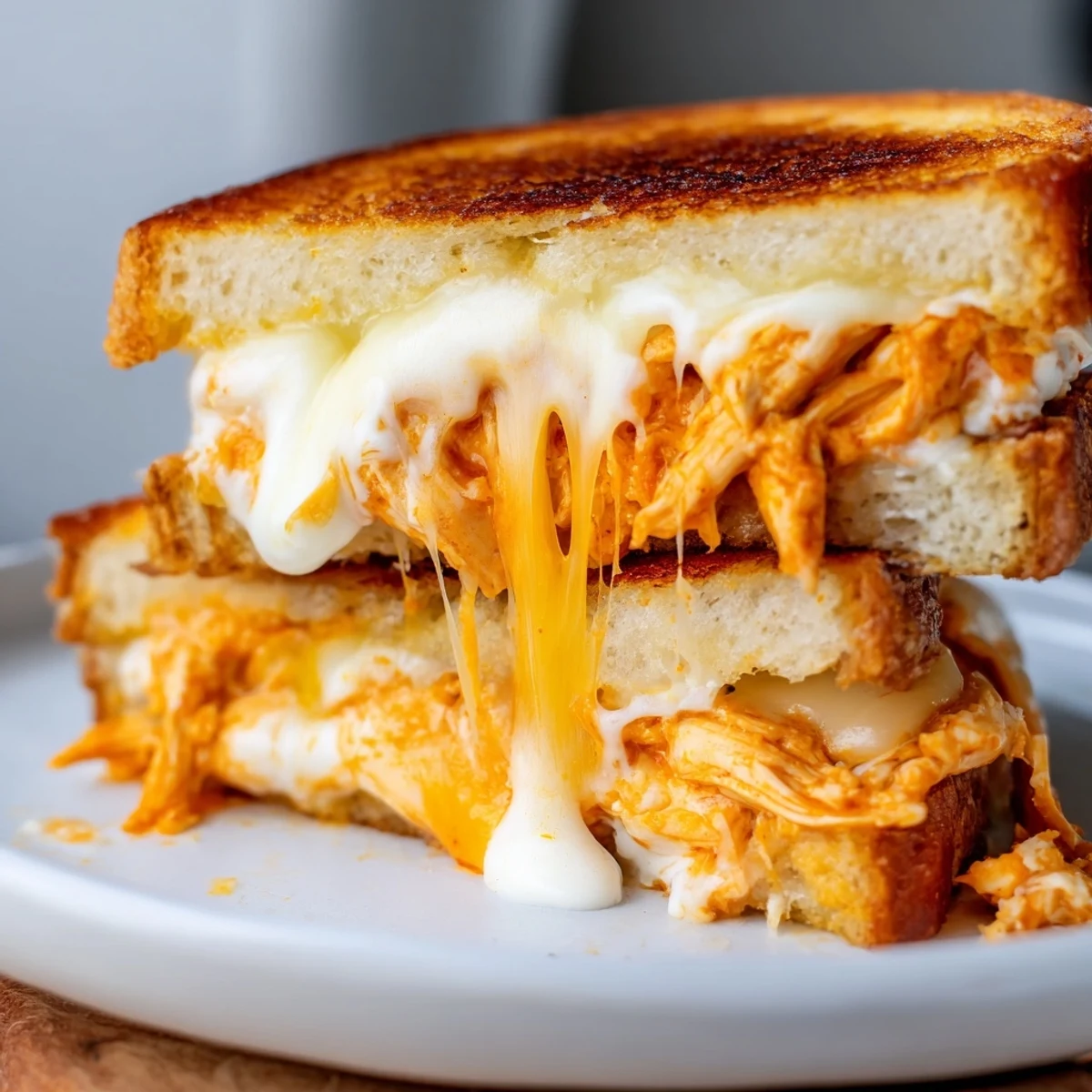 Golden-brown sourdough sandwiches stuffed with spicy buffalo chicken, melted sharp cheddar, and creamy ranch dressing.