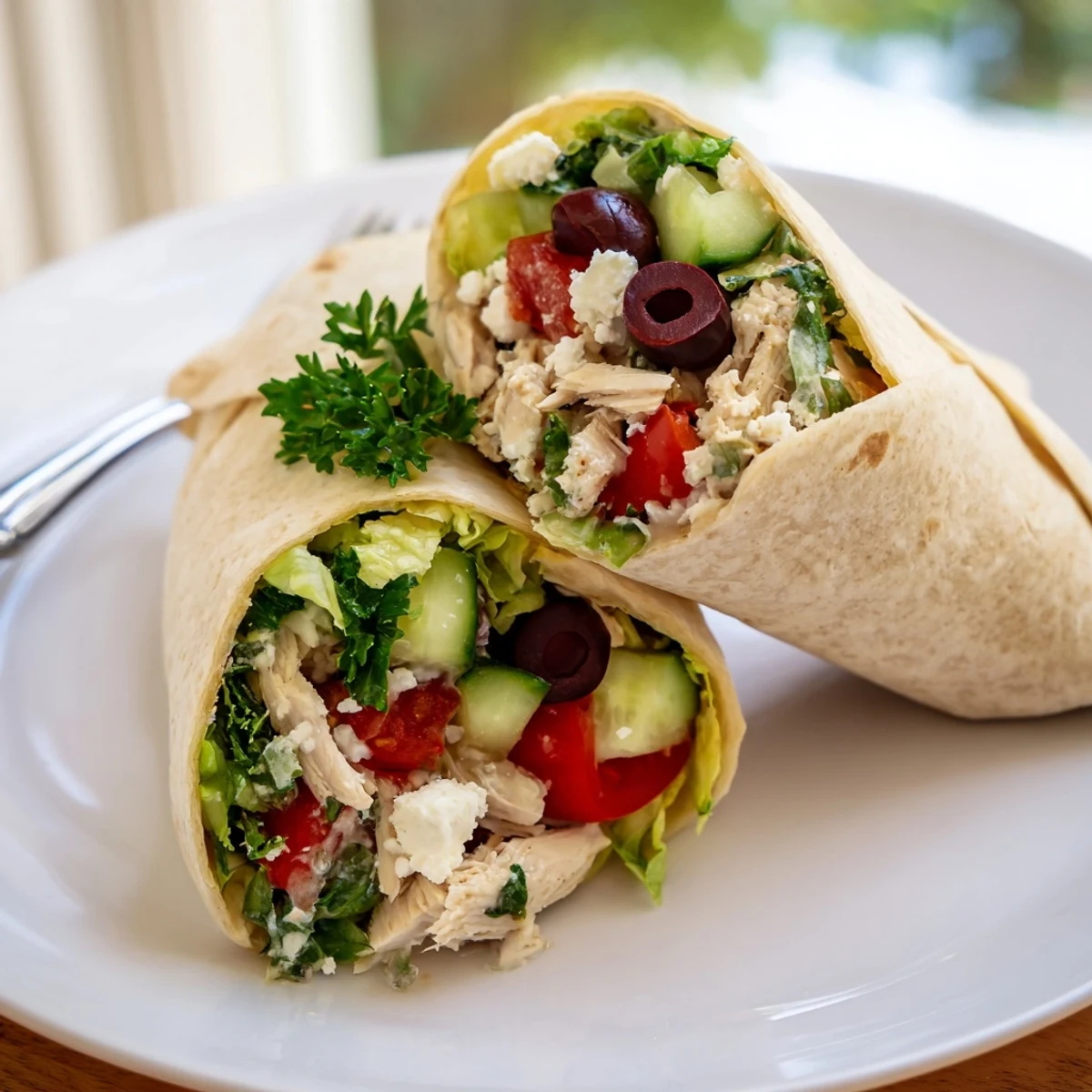 Freshly grilled lemon chicken rests atop a warm Greek salad wrap, with crumbled feta and vibrant red onions glistening.  